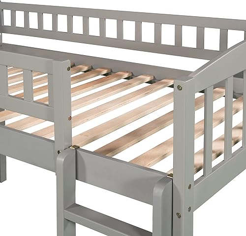 Miniatura 8 de ODC Cama alta de tamaño individual con tobogán para niños cama alta baja de madera maciza con escalera y barandilla cama de madera para niños niñas