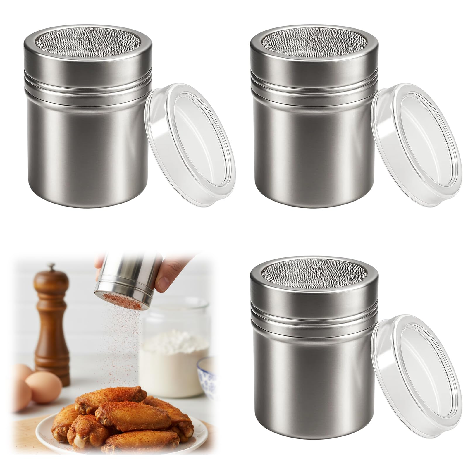 3PCS Icing Sugar Shaker, Chocolate Shaker for Cappuccino, Fine Mesh Icing Sugar Shaker Duster, Easy to Clean, Stainless Steel with Cover for Kitchen Drinks Baking, Icing Sugar Salt (Silver)
