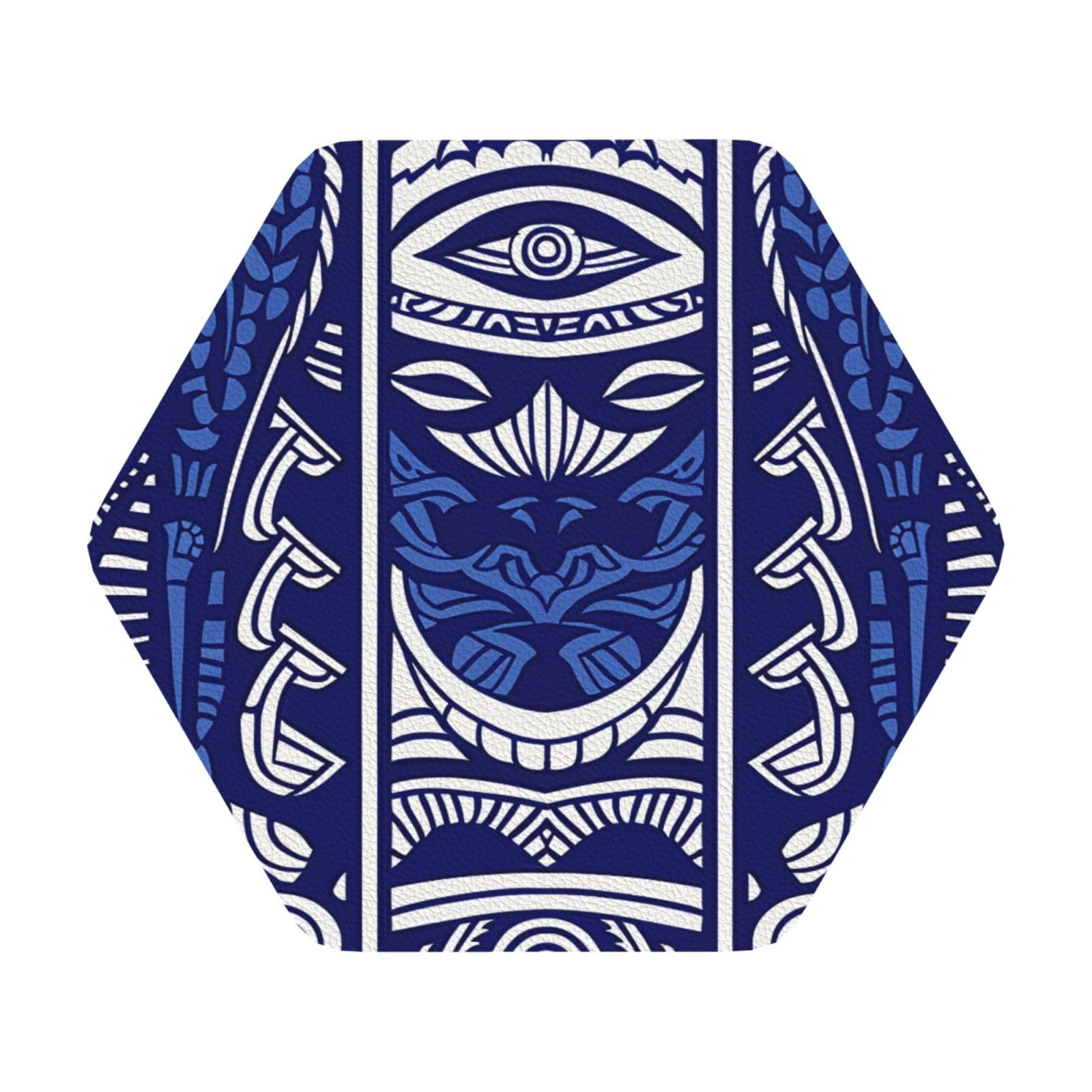 Blue Polynesian Maori Tribal Pattern Print Leather Coaster Set of 6, Hexagon Coasters Table Decorative Coffee Cup Beverage Coasters Wine Beer Bar Coasters for Hot Drinks Table Protection