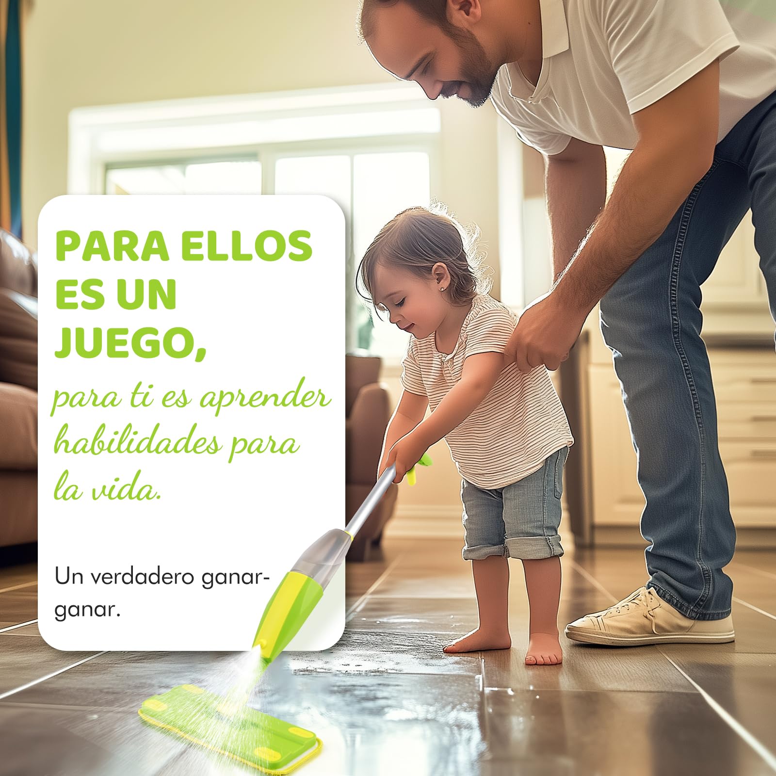 Mopa Fregona Niños con Pulverizador - Set de Limpieza Infantil Montessori Juguete con Pulverizador Real y 2 Almohadillas Lavables | Limpieza Juguete, Juguetes imitación niños a Partir de 3 años