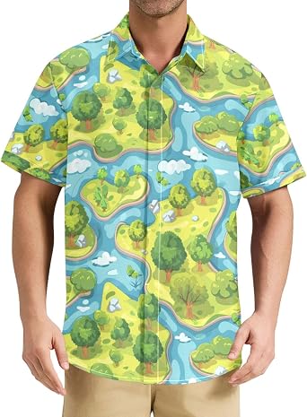Mens Button Down Shirts Short Sleeve Island River Landscape Pattern Wrinkle Free Hawaiian Shirt Casual Office