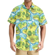 Mens Button Down Shirts Short Sleeve Island River Landscape Pattern Wrinkle Free Hawaiian Shirt Casual Office