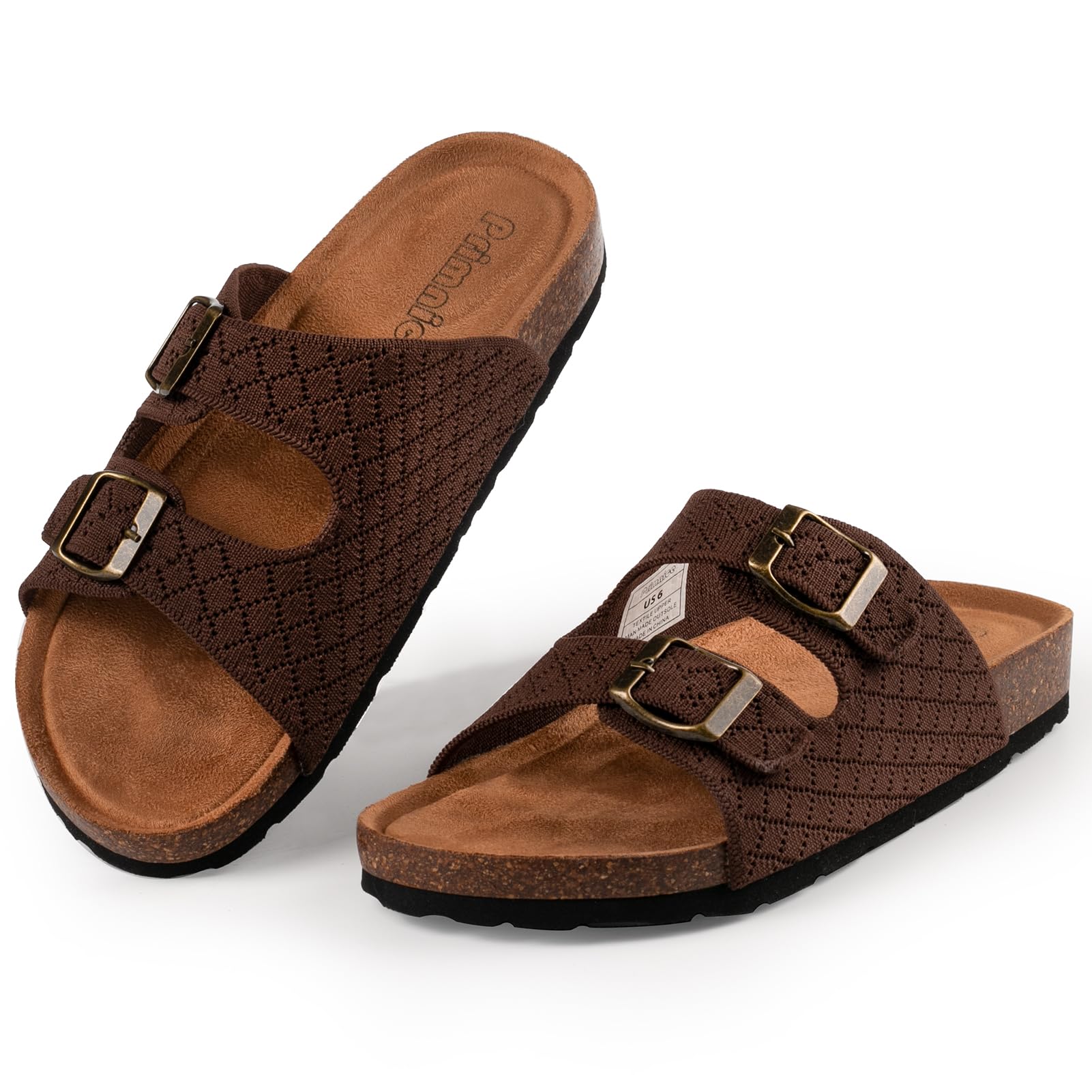 PRIMNICE Women's Comfy Arch Support Cork Footbed Adjustable Knitting Straps Indoor and Outdoor Slides Sandals