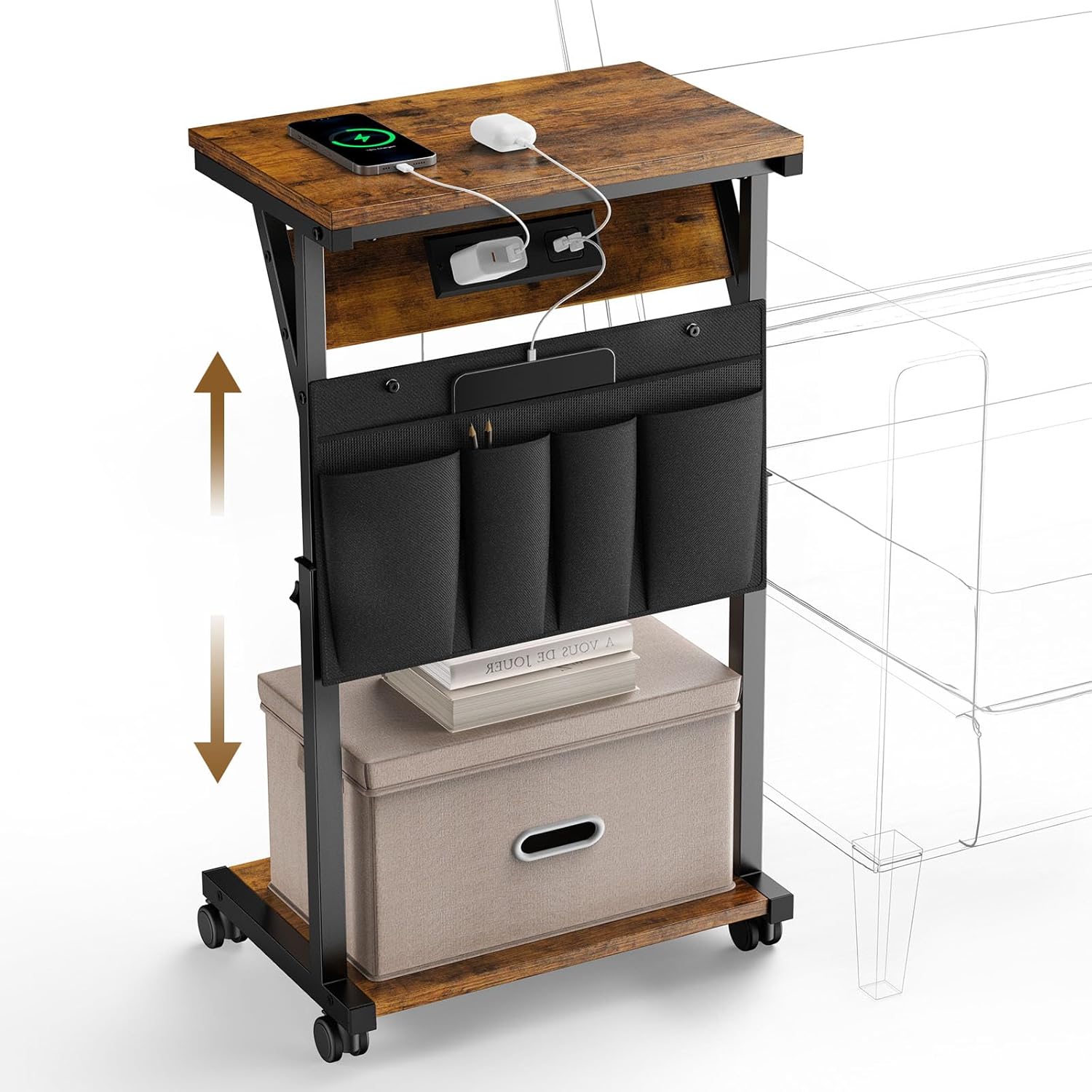 MININEC C Shaped End Table, Small Side Table with Charging