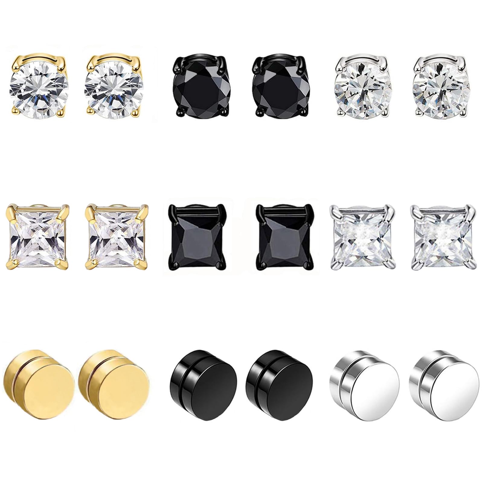 VELESAY 9 Pares Falsos Pendientes Magnéticos de Acero Inoxidable Imán Hombre Pendientes Clip Hombre Sin Agujero Pendiente CZ Magnet Mujer Pendientes Set Plata Negro