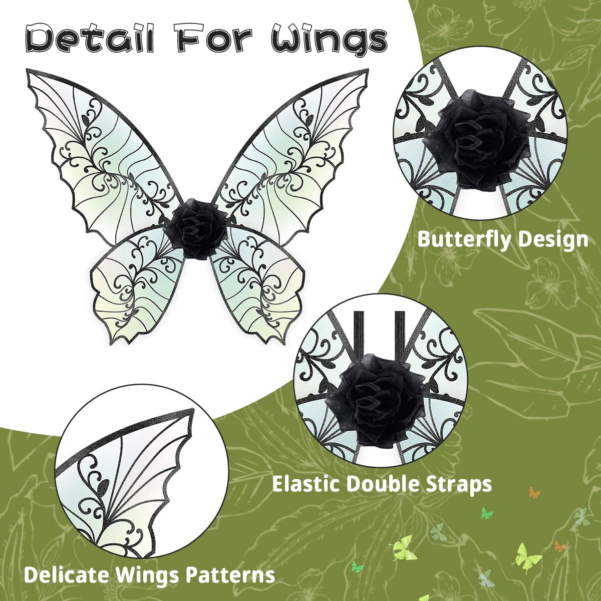 Fairy Wings for Adults Women Floral Garland Star Wands Hair Tinsel Elf Ears Fairy Costume Halloween Cosplay 13PCS Black - Image 3
