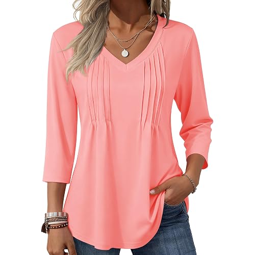 Zeagoo 3/4 Length Sleeve Womens Tops V Neck Pleated Boho Floral Blouses