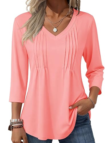Zeagoo 3/4 Length Sleeve Womens Tops V Neck Pleated Boho