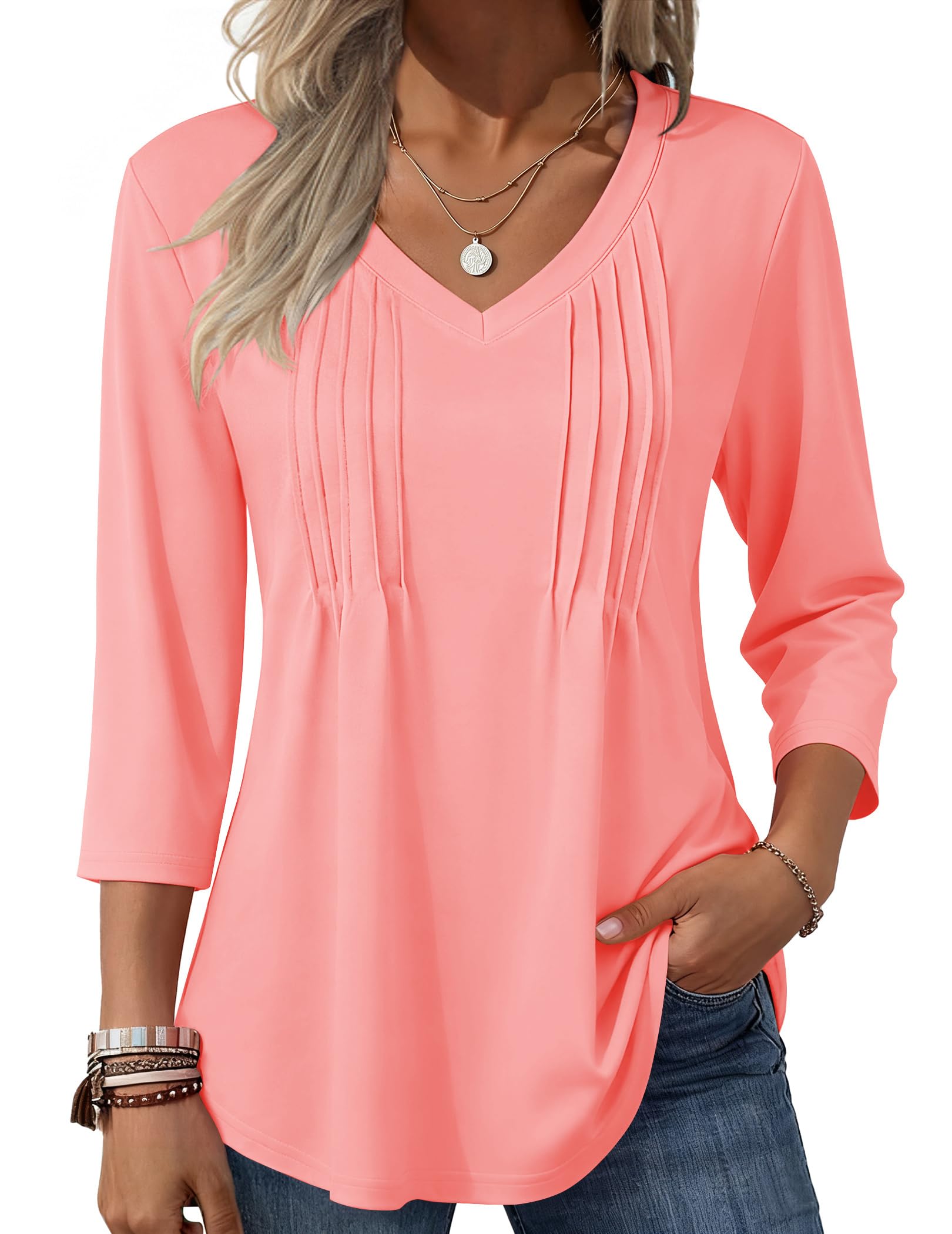 Zeagoo 3/4 Length Sleeve Womens Tops Casual V Neck Pleated Top Boho Floral Blouses Work Shirts