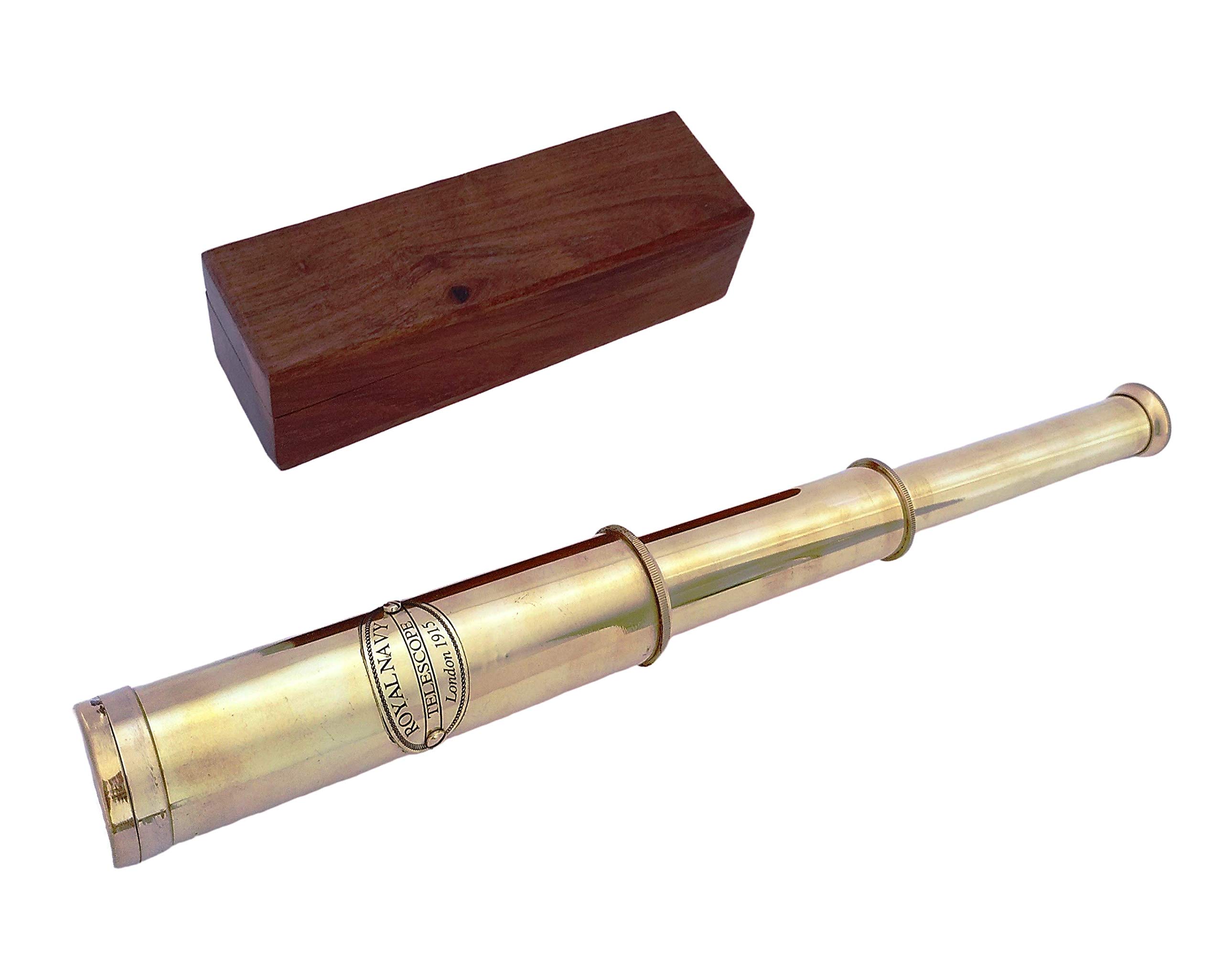 【イギリス海軍】 Navy TELESCOPE London1915 Royal Navy 12 inch Antique Full Brass Telescope with lid in Wood