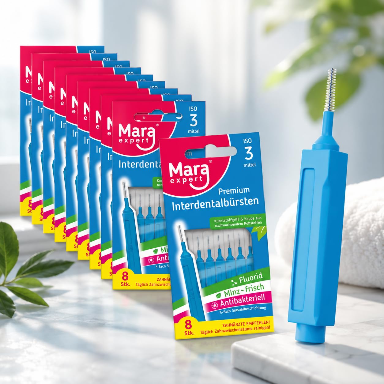 MARA EXPERT Cepillo Interdental Azul | 0,6 mm ISO 3 Medio | 8 cepillos interdentales | Bioplástico | Cepillos para Espacios Interdentales | Con Sabor a Menta - Clorhexidina - Flúor