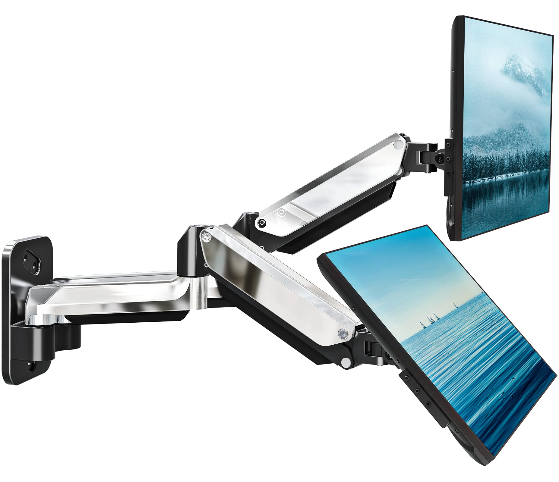 MOUNTUP Dual Monitor Wall Mount, Fully Adjustable Polished Aluminium