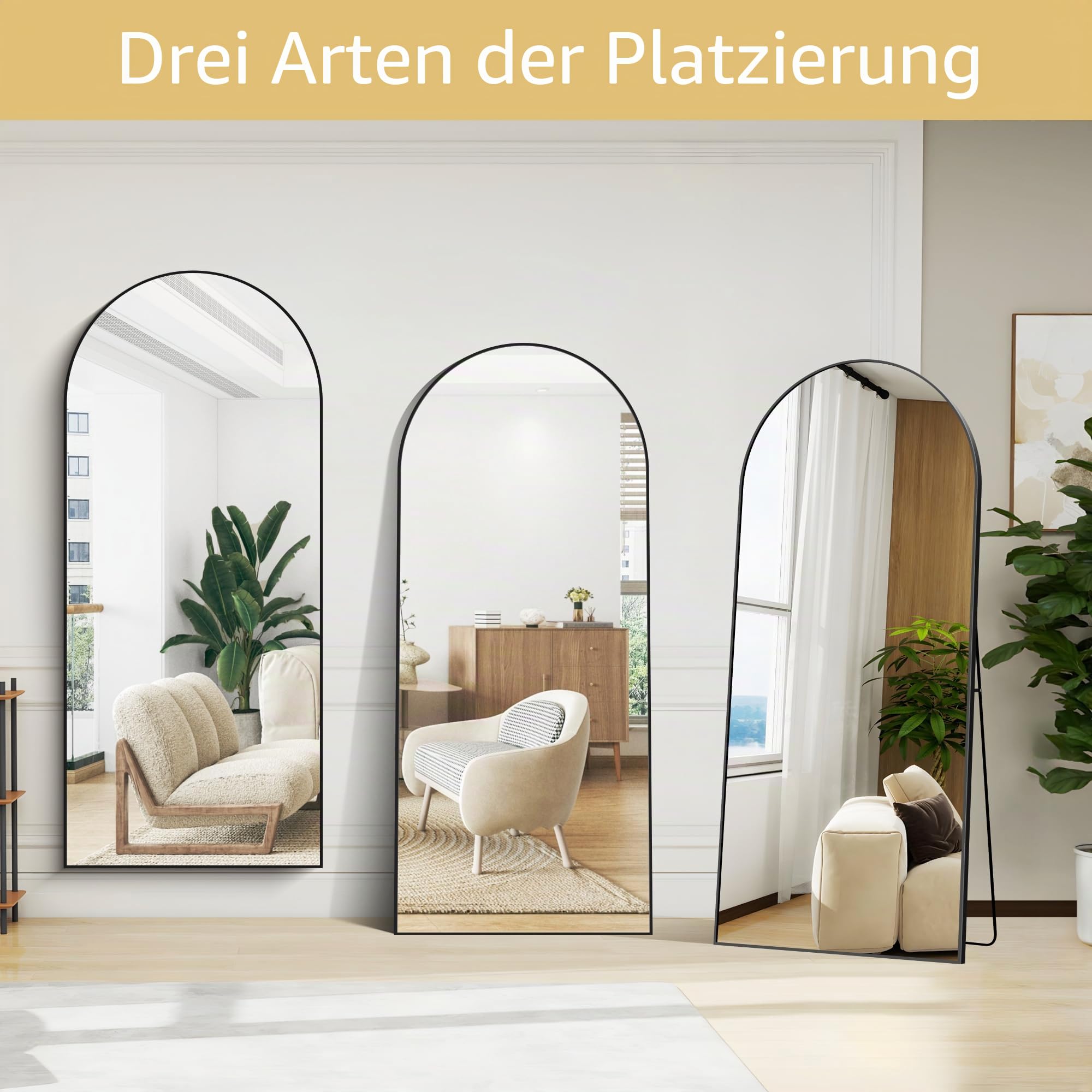BONEWEI Ganzkörperspiegel 179x65cm, Bogen Standspiegel Ganzkörperspiegel mit Schwarzer Aluminiumrahmen, Groß Gewölbter Wandspiegel zum Stehen, Anlehnen oder Hängen für Wohnzimmer Schlafzimmer Flur