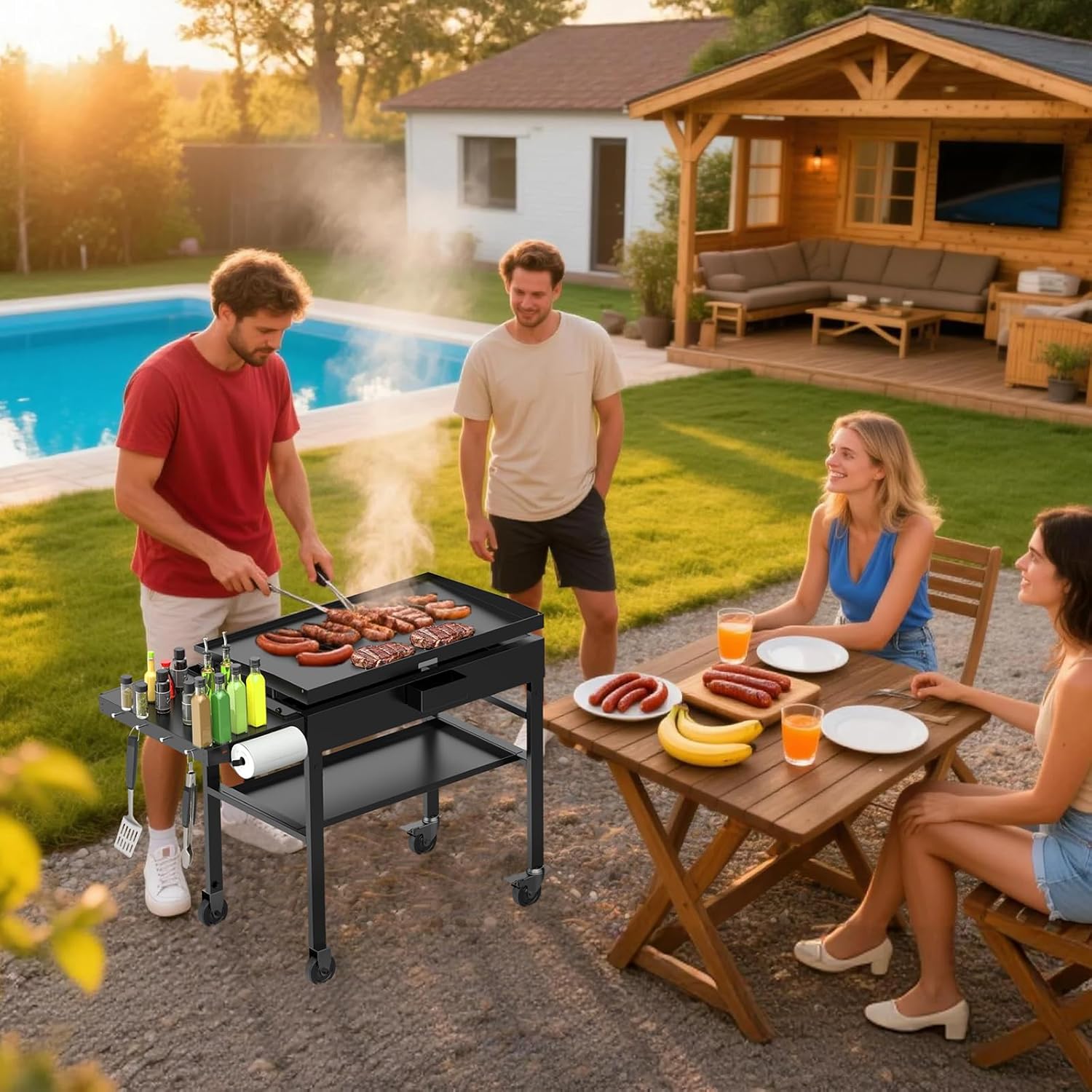 Foldable Griddle Side Shelf for Blackstone 36" Griddles, Large Griddle Side Table with Paper Towel Holder, 4 Utensil Hooks & Magnetic Tool Holder for Blackstone 36 Inch Griddle Accessories