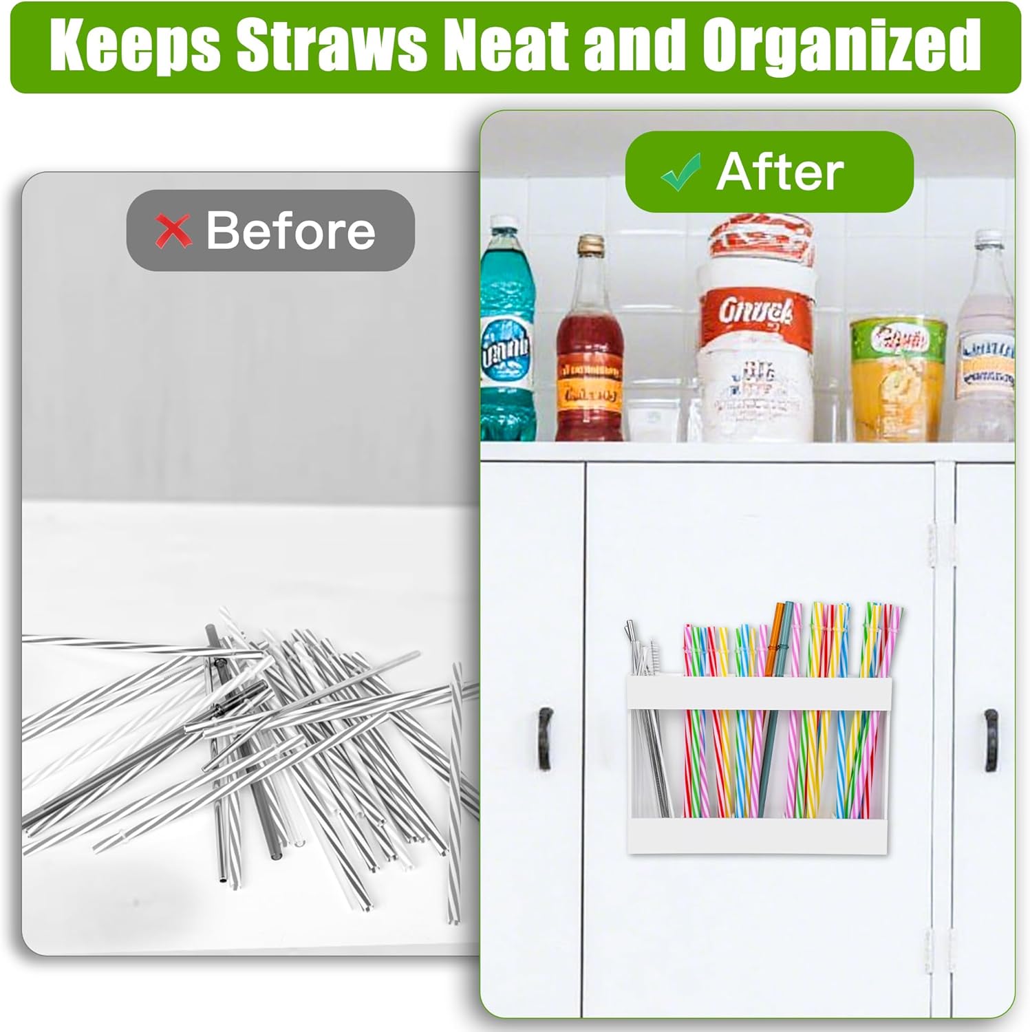 Acrylic Straw Holder for Cabinet Door - Reusable Tumbler Straw Organizer Storage, Small Kitchen Accessories Container, Ultra Sticky Cupboard Door Mounted( White) - Image 4