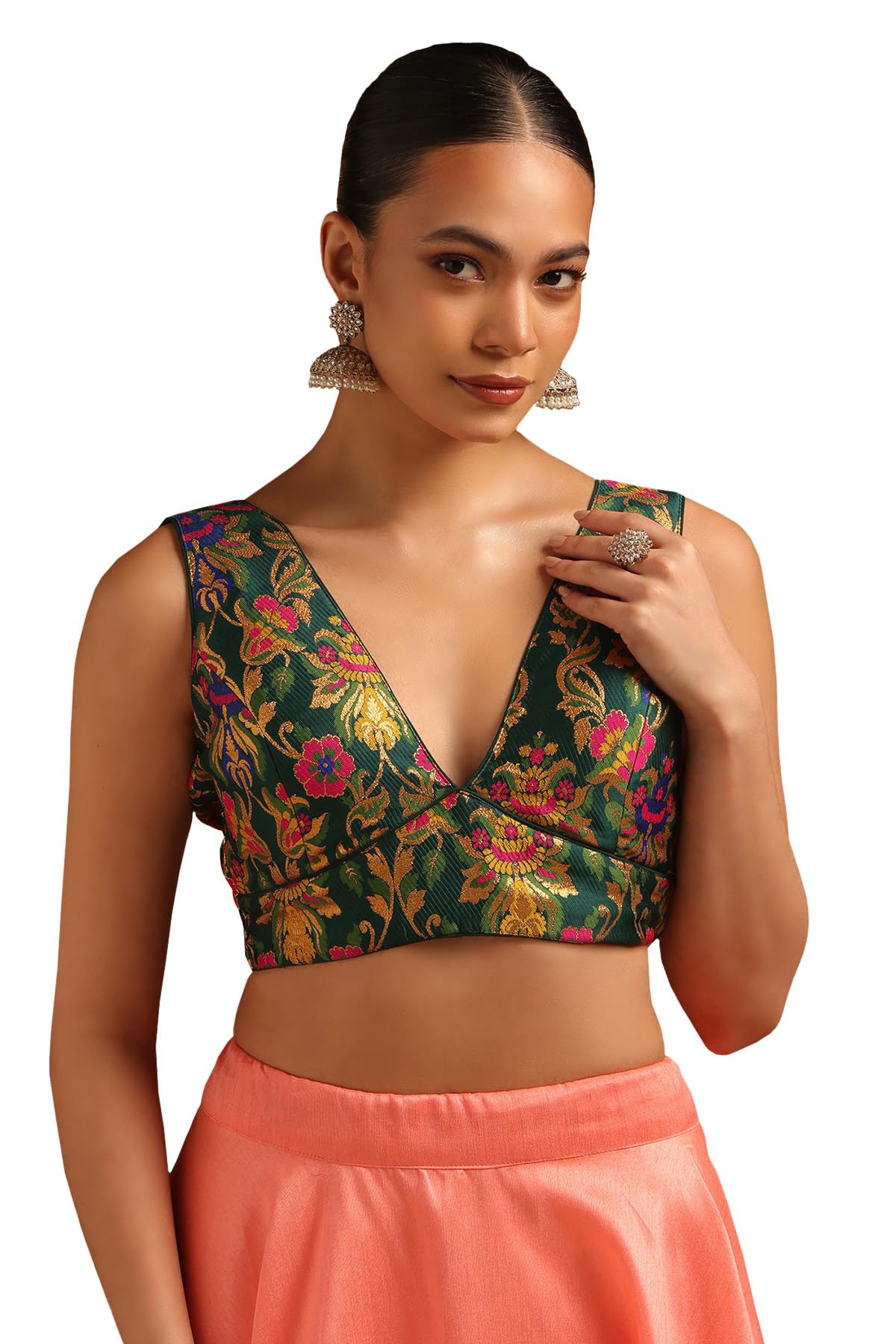 Womens Floral Plunge Neck Silk Blend Padded Blouse-image-37