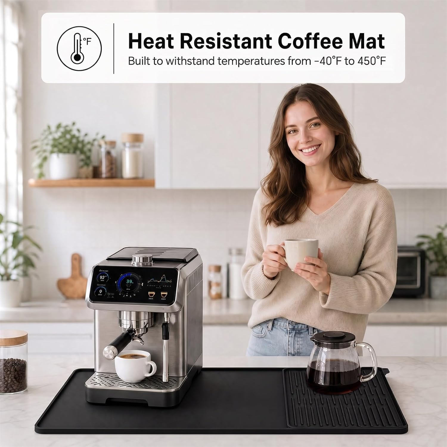 Silicone Coffee Mat,24''x16''Bar Mat with Detachable Dish Drying Mat for Kitchen Counter,Heat Resistant, Raised Edge Pad,Fit Under Coffee Maker,Espresso Machine,Dish Rack