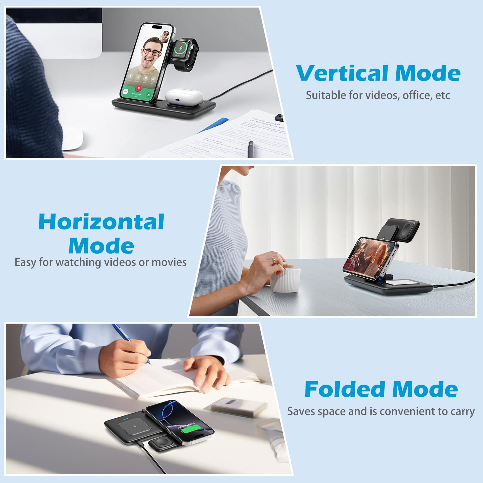 Vunzo 3 in 1 Caricatore Wireless Stazione, 18W Ricarica Rapida Wireless Phone Charger Stand per iPhone 15/14/13/12/11/Pro/Max/XS/XR/X/8/Plus, Apple Watch 9/8/7/6/SE/5/4/3/2 e per 3/2/Pro casa