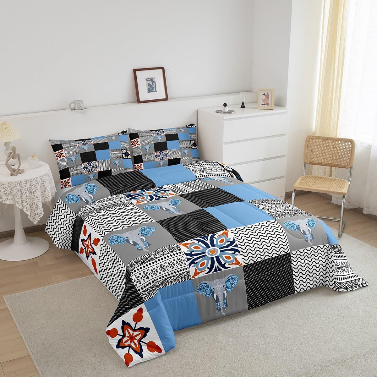 Feelyou Elephant Comforter Set Full Size Ethnic Elephant Print Bedding Set for Kids Boys Girls Blue Black Comforter Bohemian Quilt Set