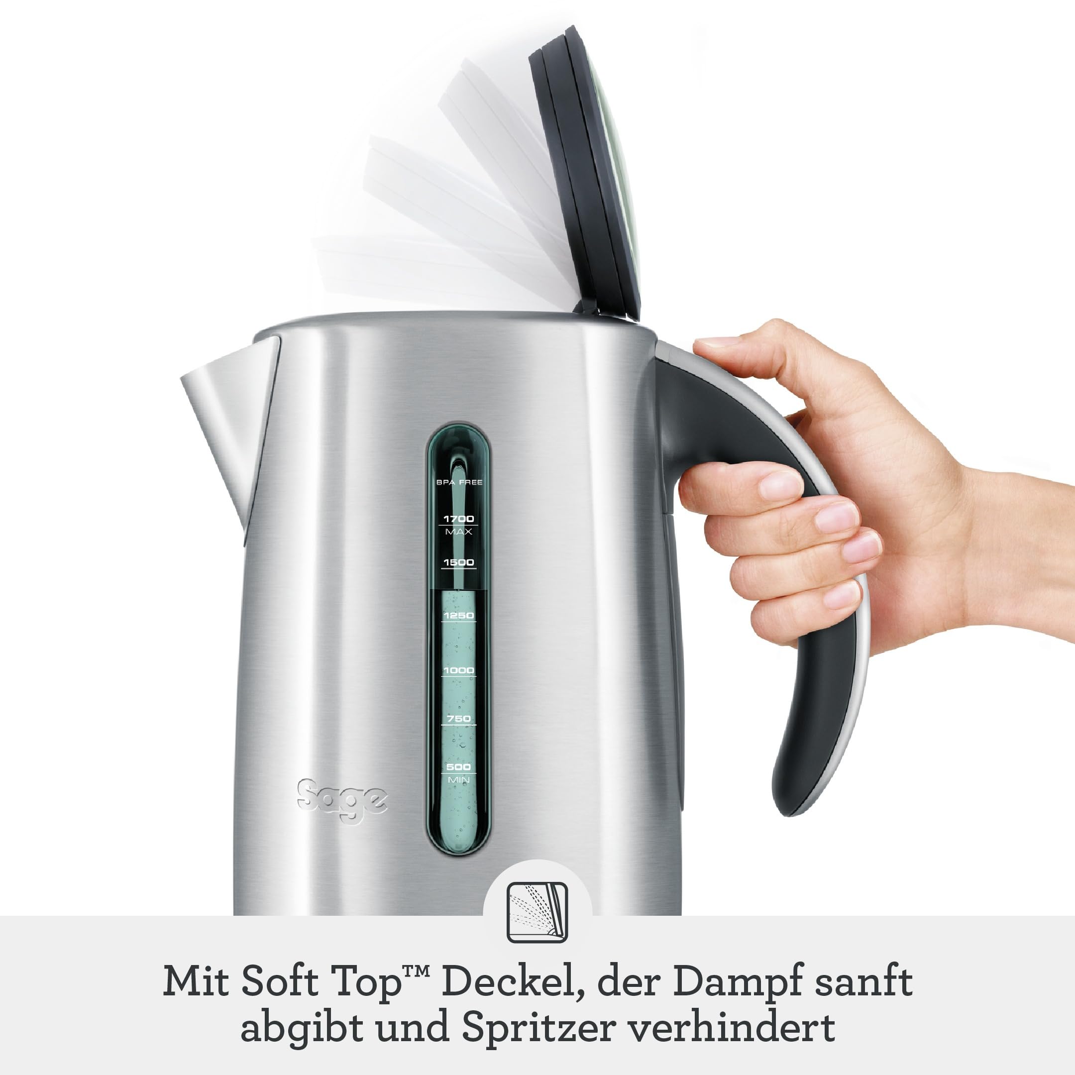 Sage The Smart Kettle, Leiser, kabelloser, Gebürsteter Edelstahl | Leiser, kabelloser elektrischer Wasserkocher, 1,7L Fassungsvermögen, Schnelles Aufkochen, 2400 Watt, 5 Einstellungen