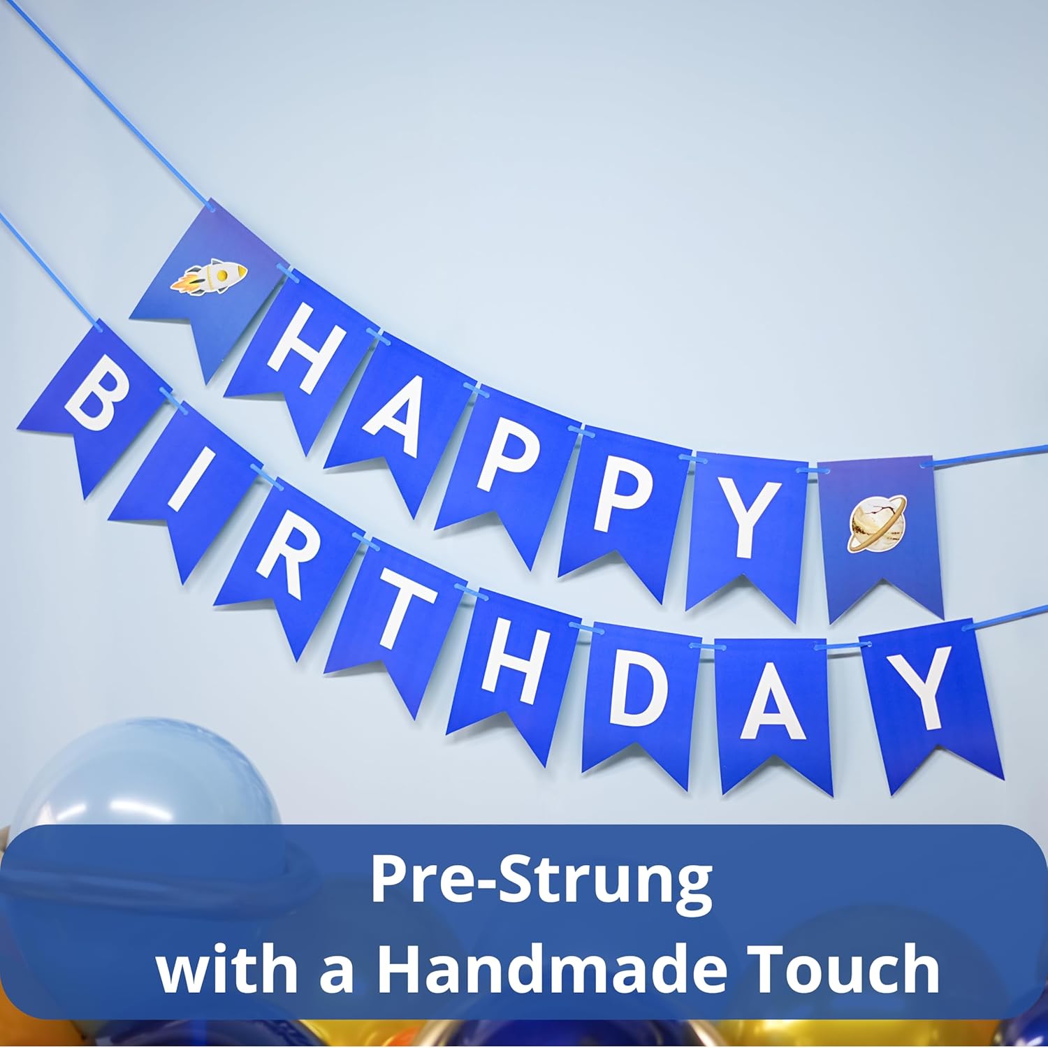 129 PCS Space Birthday Decorations – Includes Moon, blue and gold Balloon Arch Kit, Pump, Cake Topper, Paper Plates, Napkins, Bamboo Forks, and Banner – Outer Space Party Decorations, Serves 20 Guests