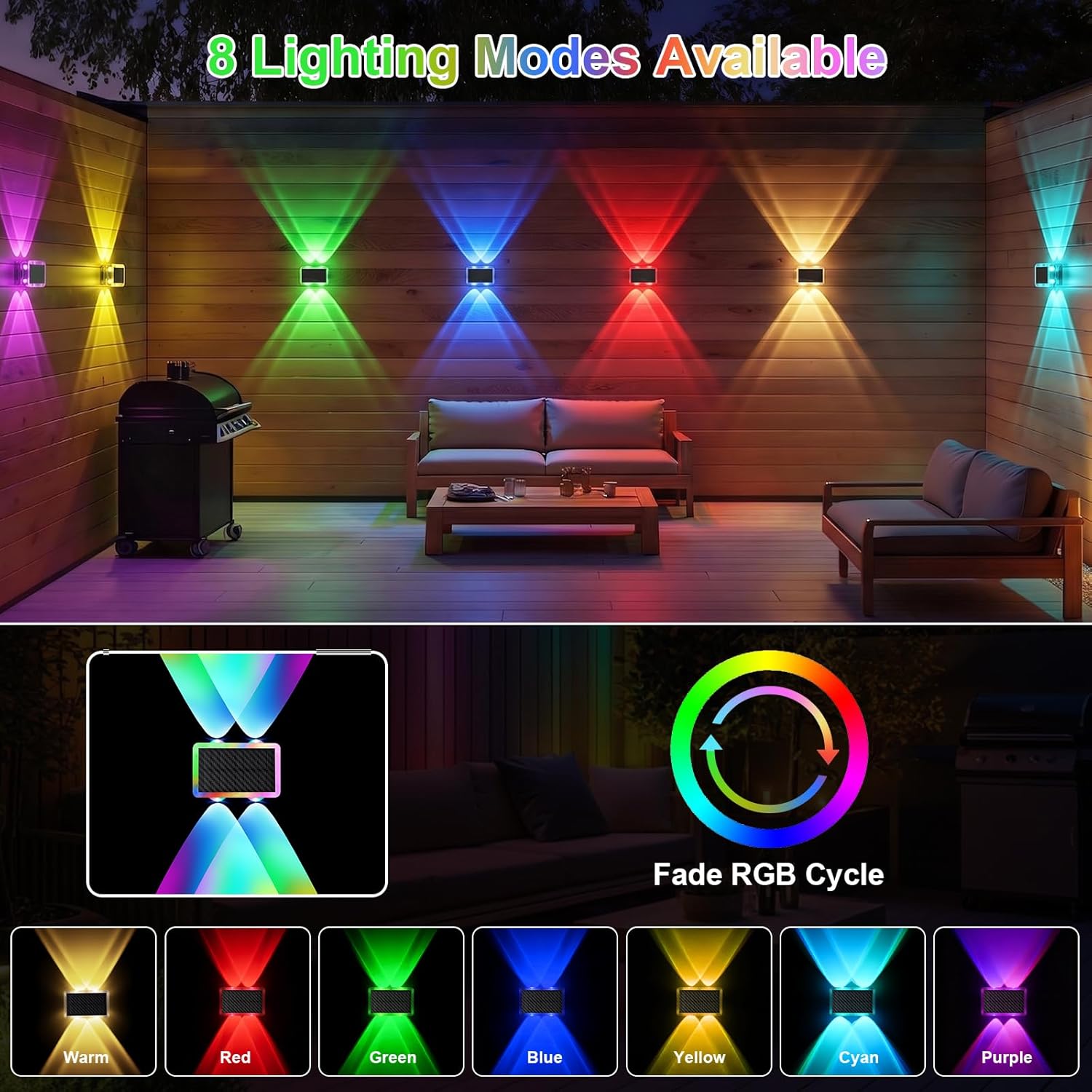 Solar Fence Lights Outdoor Waterproof LED, New Up Down Glow Wall lights Solar Powered with 8 Modes 6 Color Changing Warm White & RGB Cycling, Solar Patio Light for Backyard Railing Deck Decor-12 Pack image 3