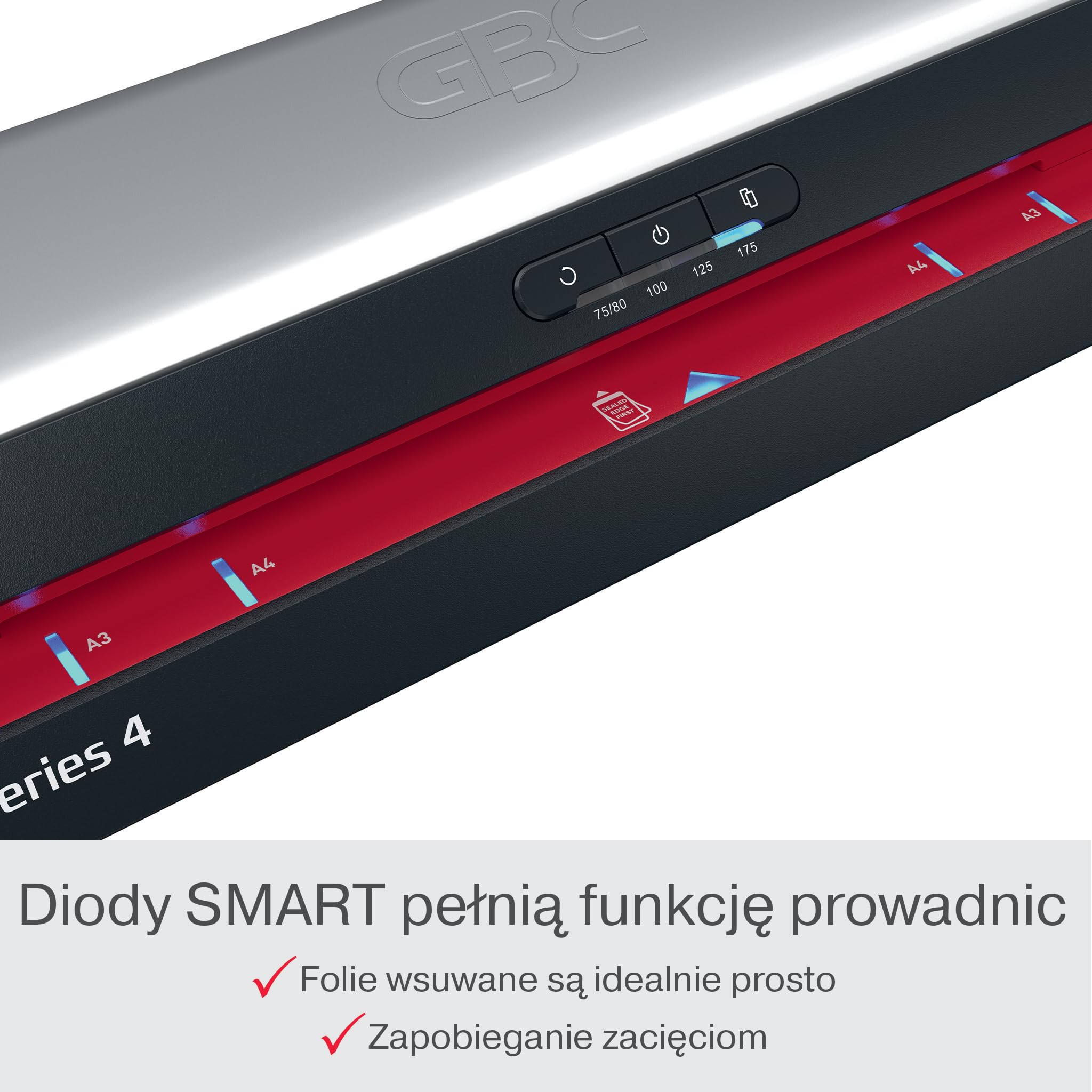 GBC 480HS Home Office Laminator A3 – Szybkie laminowanie, nagrzewanie w 1 minutę, 75–175 mikronów, funkcja przeciw zacięciom, auto wyłączanie, zawiera 5x folii A4, czarno-czerwony, 4410072EU