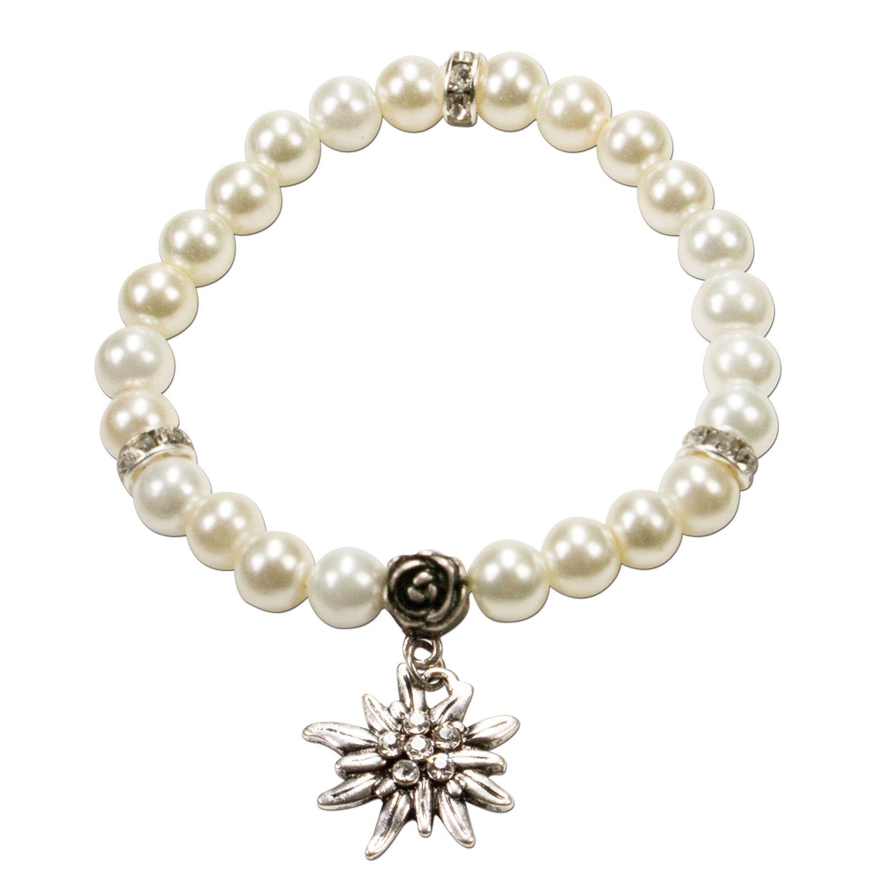 Alpenflüstern Trachtenschmuck-Set Perlen-Trachtenkette, Armband, Charivari und Ohrhänger Strass-Edelweiß - Damen-Trachten-Schmuck, Trachtenset Creme-weiß SET048