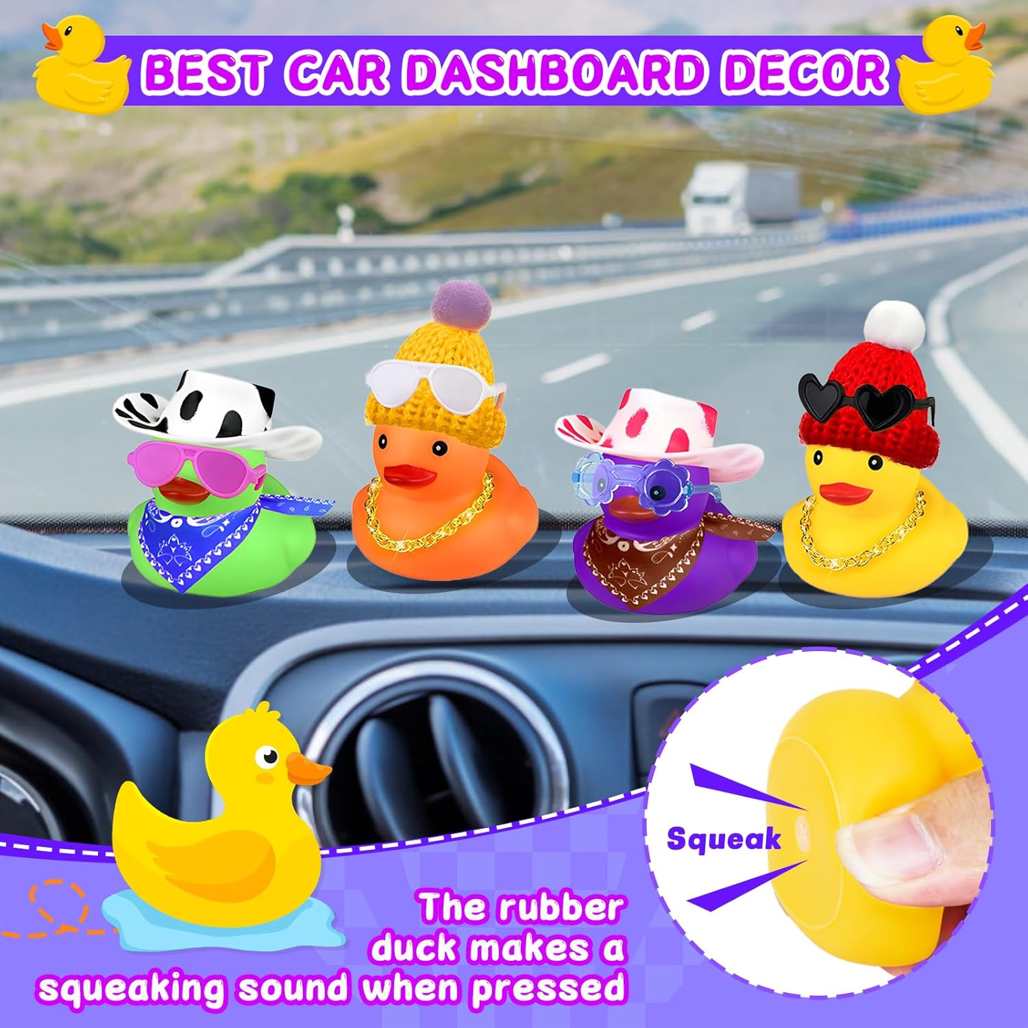 12 Pcs Rubber Ducks for Jeeps DIY Accessories - Cowboy Hats, Knit Hats, Golden Necklace & Sunglasses, Car Dashboard Decor, Ducking Gifts for Jeep Owners (Random Styles)