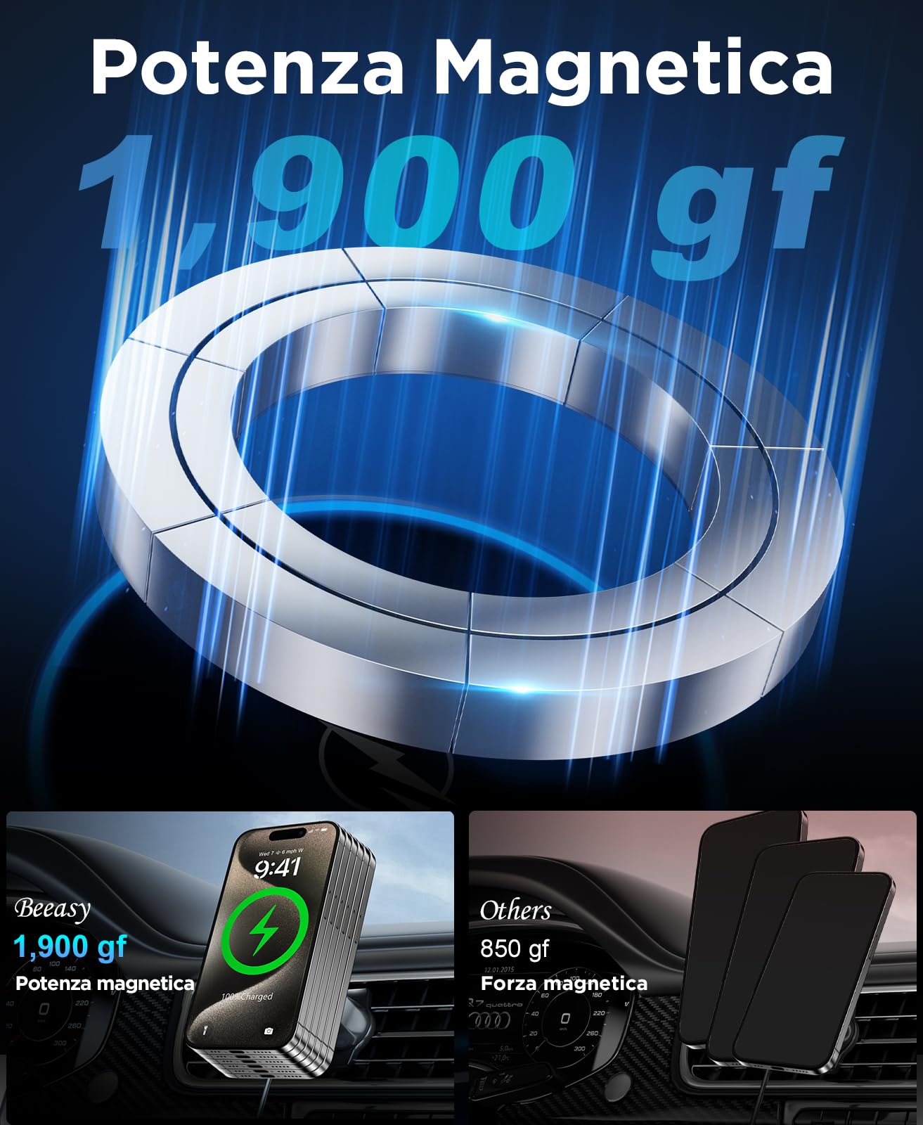 Supporto Auto Magnetico Wireless 15W Per IPhone - Ricarica Rapida, Design 2-in-1