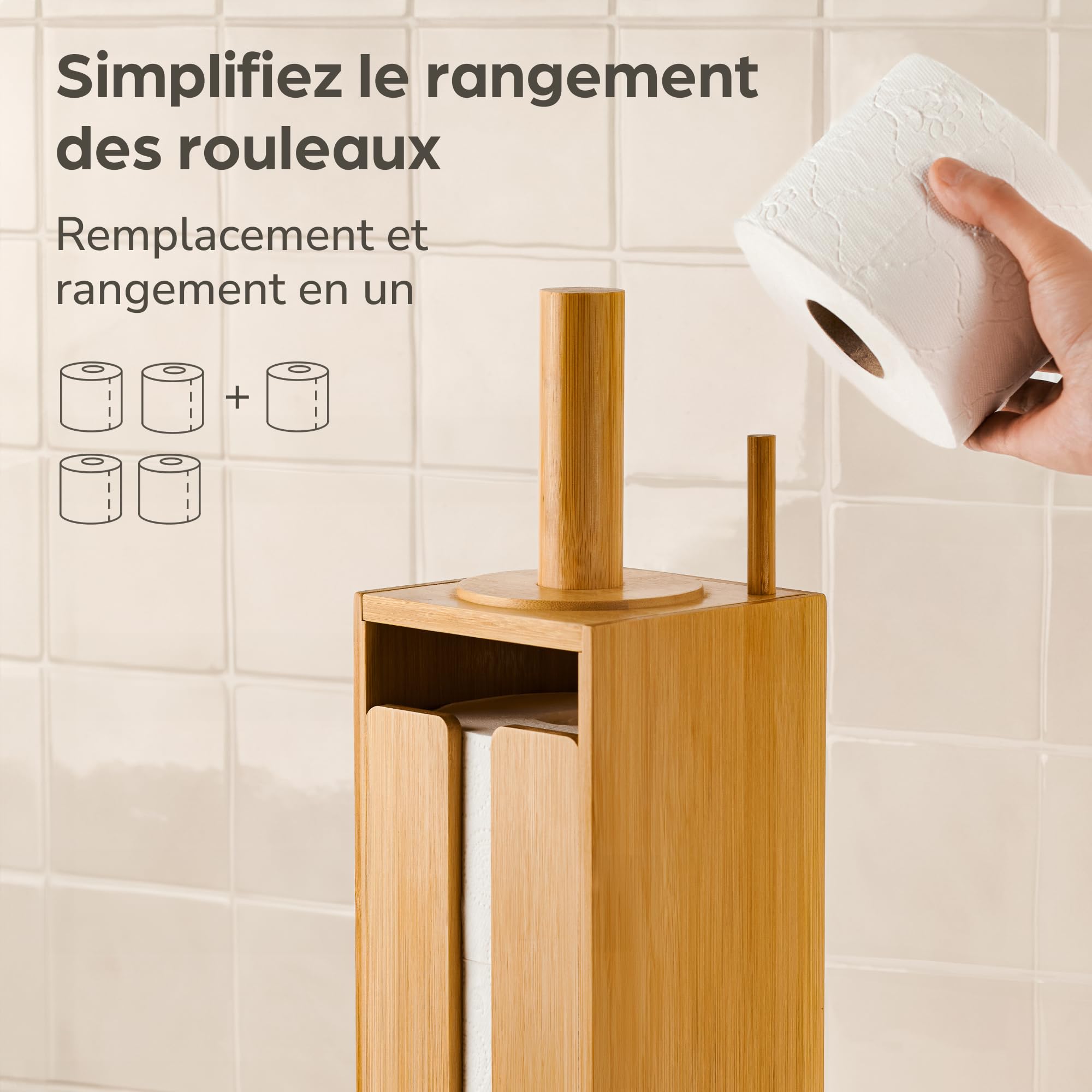 Praknu Porte Papier Toilette sur Pied Bois - Rangement Papier Toilette Bambou FSC avec Couvercle Magnétique pour 4 Rouleaux - Peu Encombrant - Antidérapant