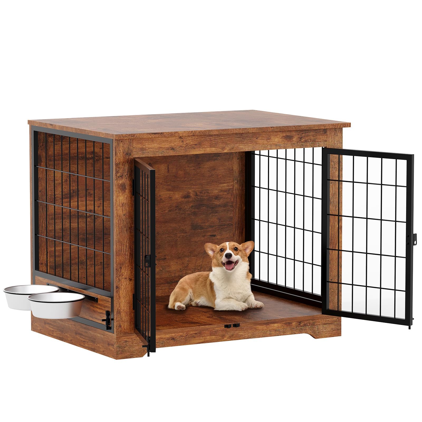 81Cm Heavy Duty Dog Crate Furniture Rustic Wooden Dog Cage Kennel Indoor Furniture with 2 Rotating Dog Bowls Chew-Resistant Dog Kennel for Small,Medium Dogs