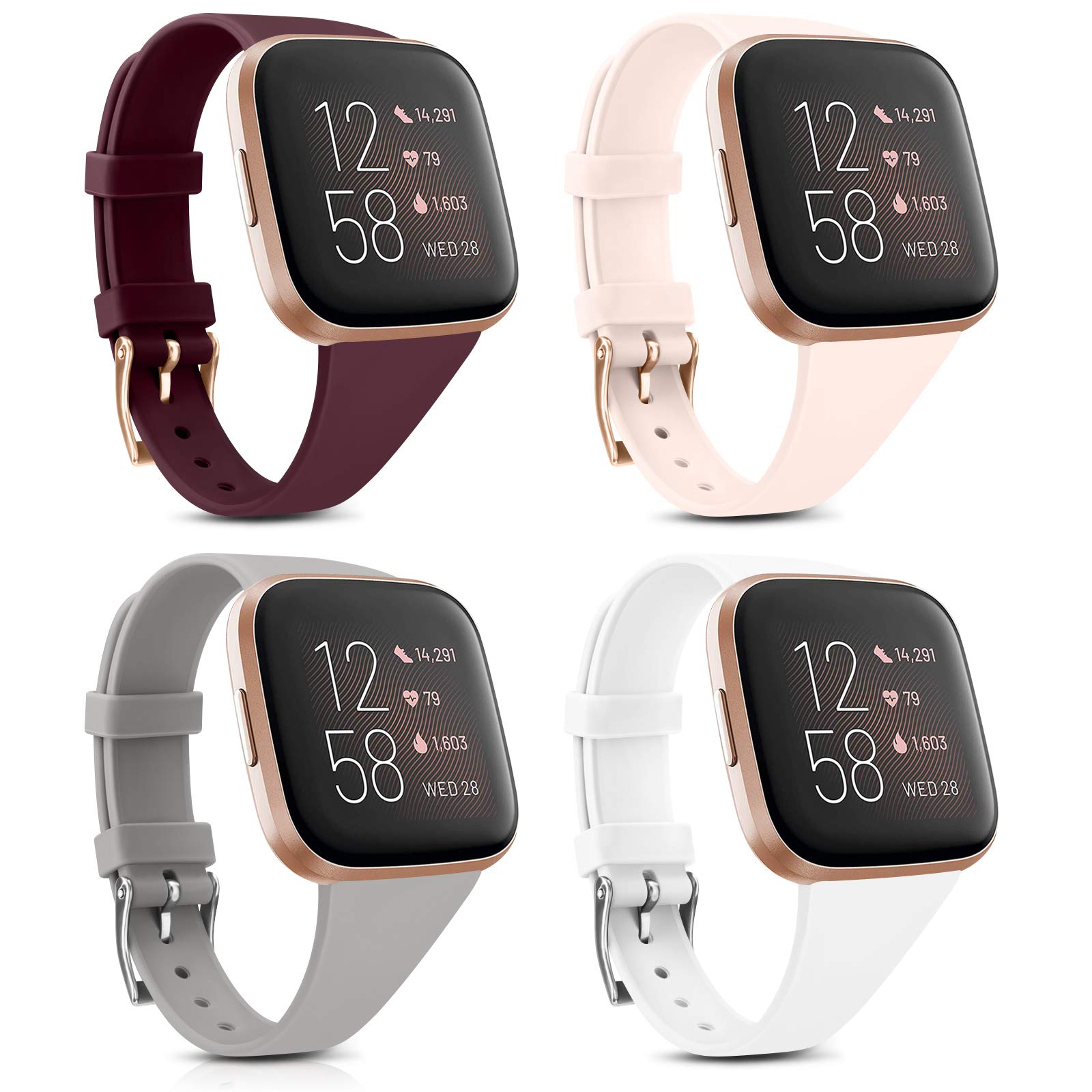 4 Pack Silicone Slim Bands Compatible with Fitbit Versa 2 Bands/Fitbit Versa Bands/Versa Lite/Versa SE, Soft Silicone Thin Narrow Replacement Smartwatch Wristbands for Women Men (4 Pack D, Small)-image-8