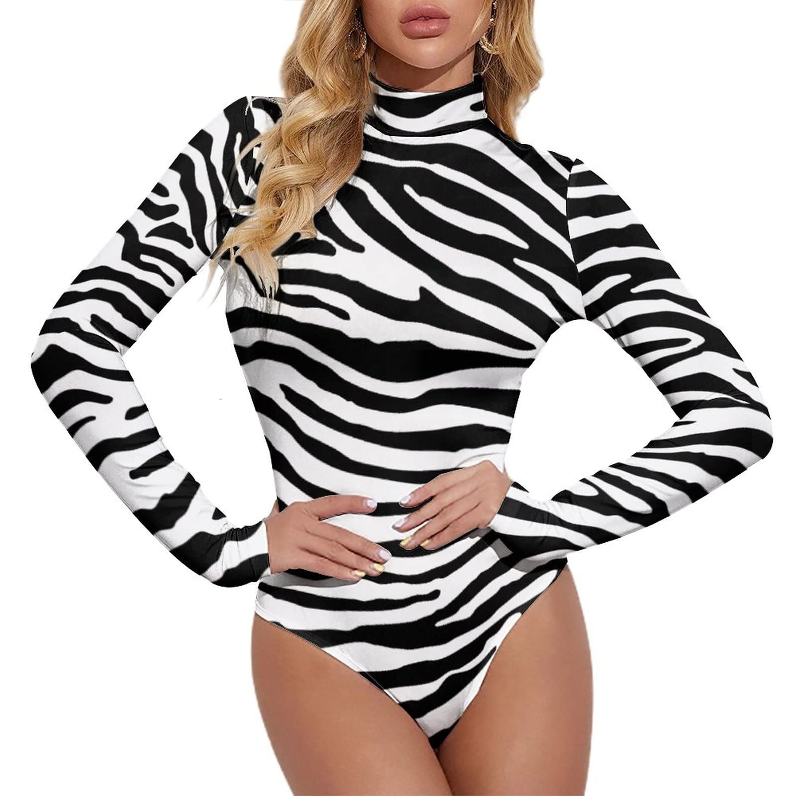 Lurhonp Women's Black Long Sleeve Turtleneck Jumpsuit Zebra Print Bodysuit Tops, Large