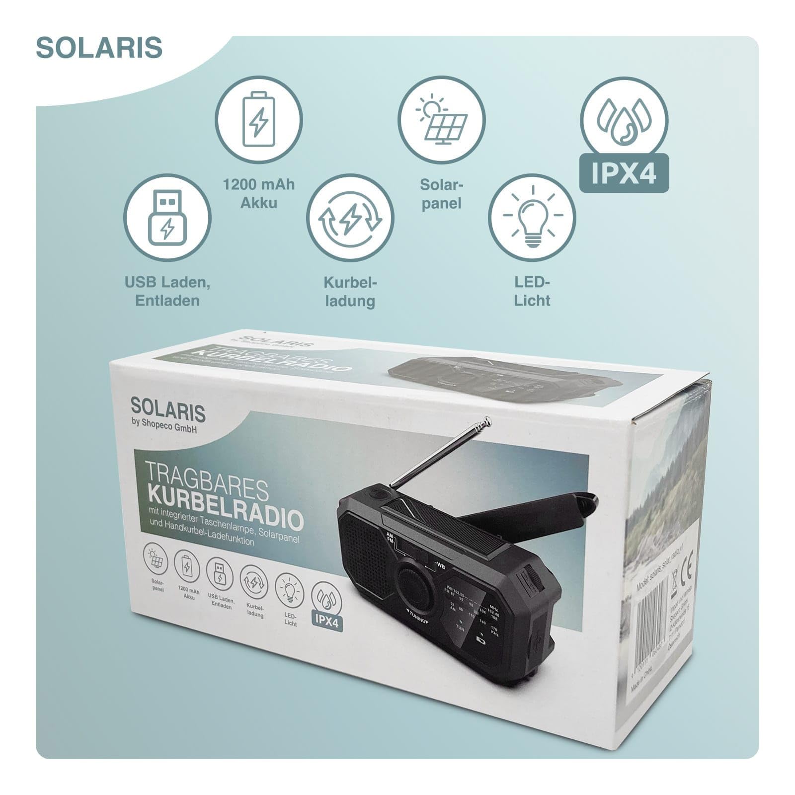 SOLARIS Tragbarer Kurbelradio mit integrierter Taschenlampe, Solarpanel und Handkurbel-Ladefunktion.