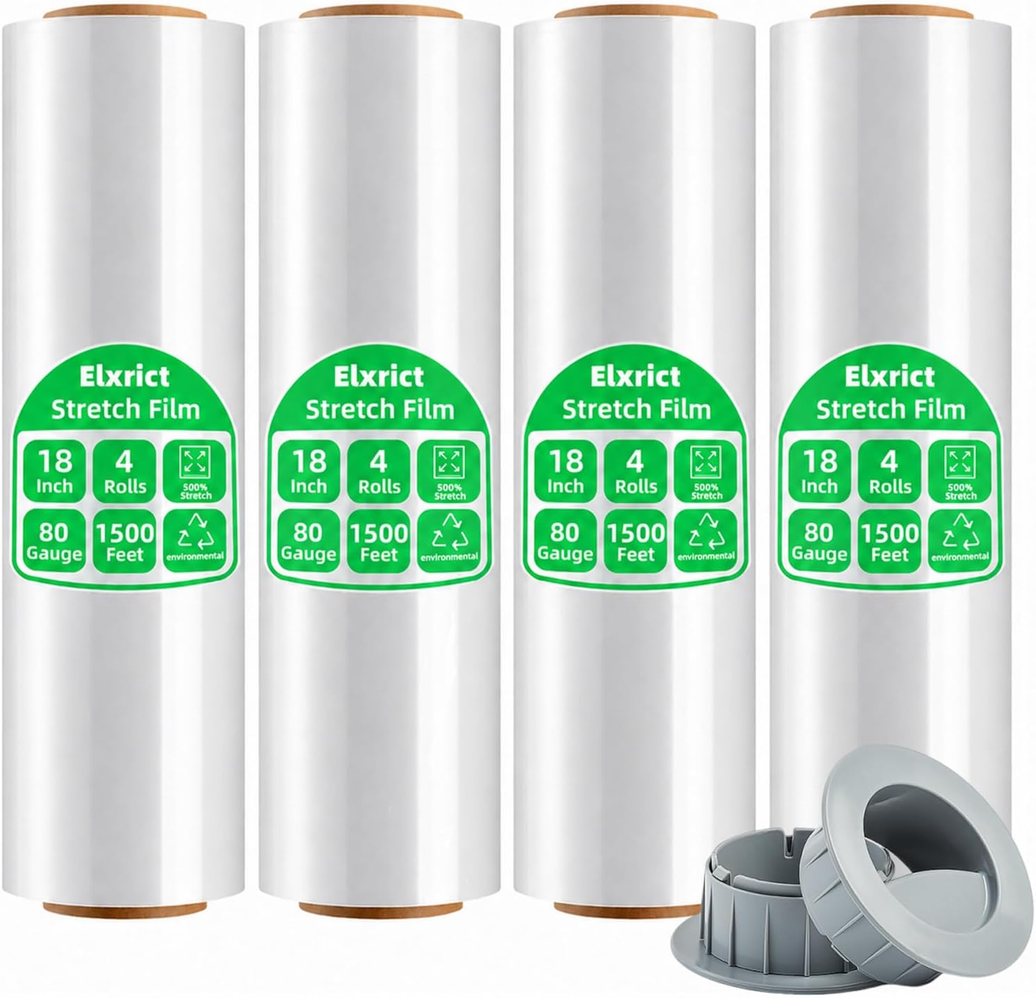 18in Stretch Wrap Roll, Heavy Duty 1500ft Shrink Wrap, 4 Pack with Handle