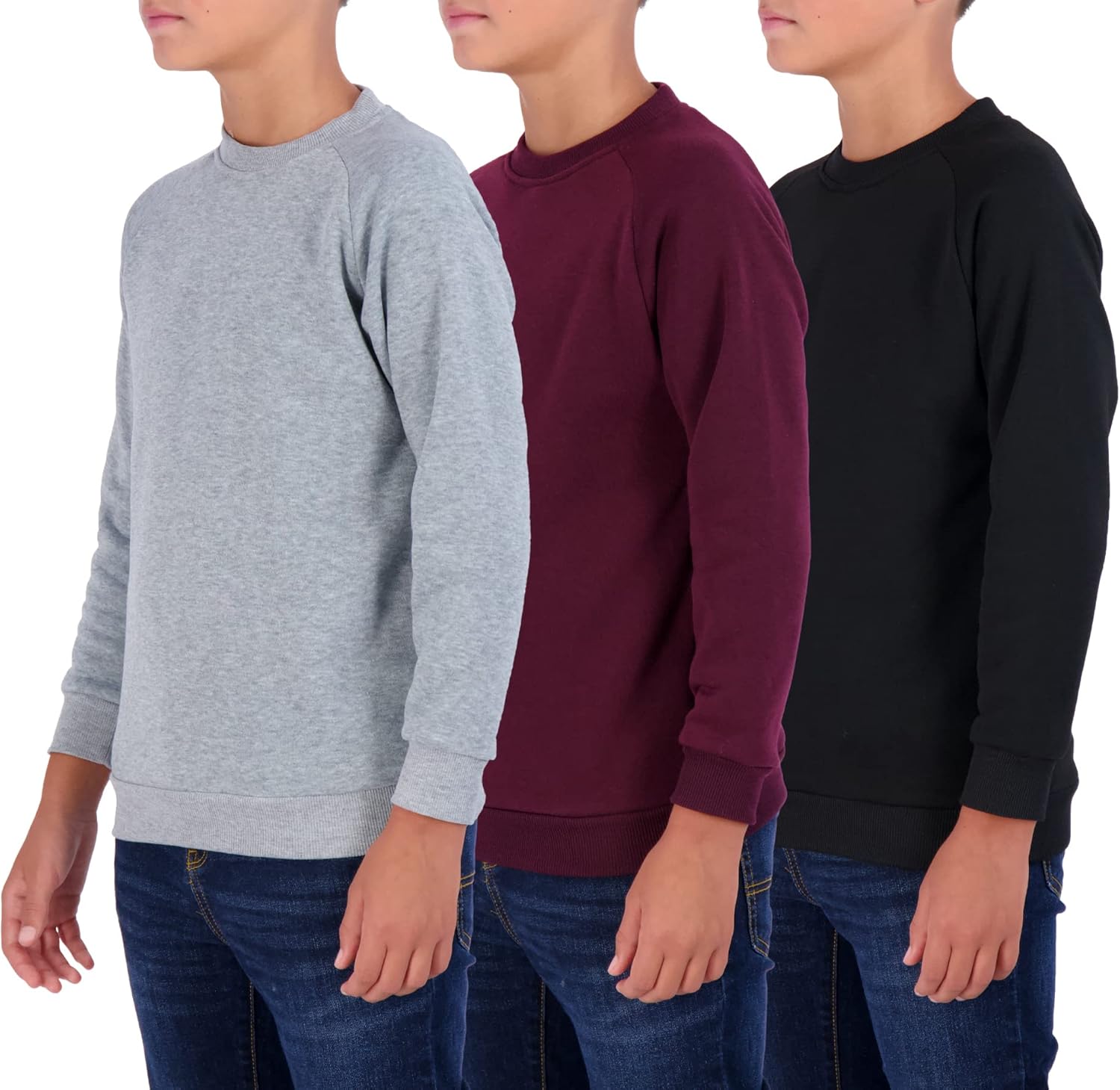 Real Essentials 3 Pack Boys' Fleece Crew Neck Long Sleeve Sweatshirt - Soft Pullover Sweaters for Youth Kids Boys & Girls