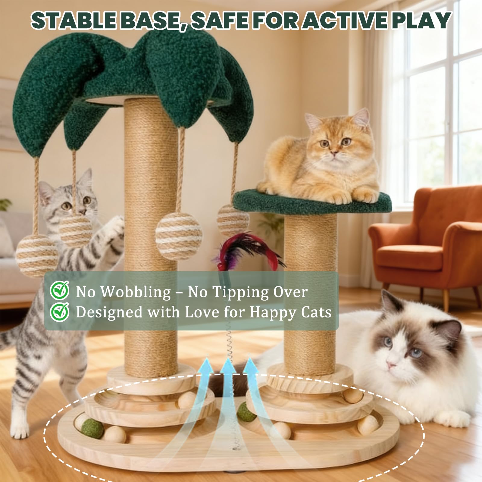 6-in-1 Katzenspielzeug Selbstbeschäftigung Holz, Kratzspielzeug für Katzen, Spielzeug mit Katzenminze, Katzenmöbel mit Rotierende Kugelbahn, Federn, Bälle, Juteseile & Sisalseil, für kleine Katzen