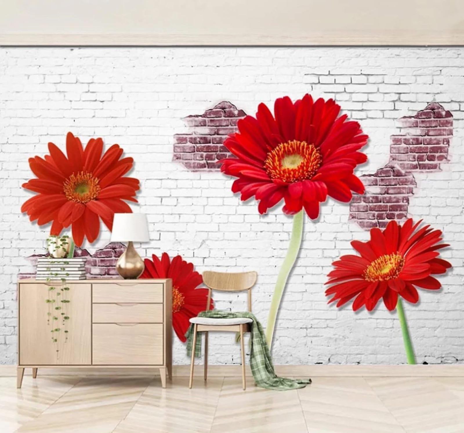 Wallpaper-3D-Xlm 300Cm×210Cm(B×H) White Brick Wall Three Dimensional Red Flowers 3D Wallpaper Easy Install Feature Office Living Room Sofa Bedroom Tv Background Wall Decoration-300Cm×210Cm