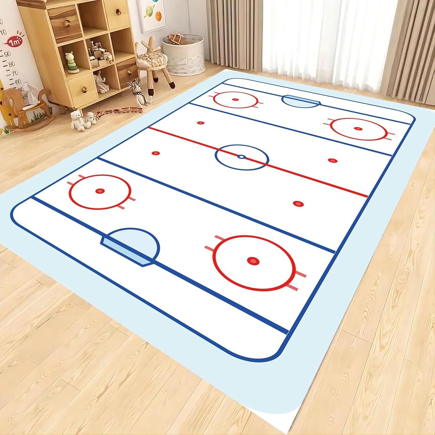 MUOUCTE Ice Hockey Rink Blue Red Area Rugs, 140x200cm Sports Event Stadium Rugs for Living Room, Non-Slip Washable No Shedding Indoor Carpet, Soft Home Decor Rugs for Girls Boys Nursery Kitchen
