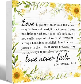 White Inspirational Sunflower Wood Box Sign, Motivational Desk Decor, Love Is Patient Love Is Kind Wood Block Plaque Sign Decoration Gifts For Women Coworker Friends Home Office Shelf Decor Q720