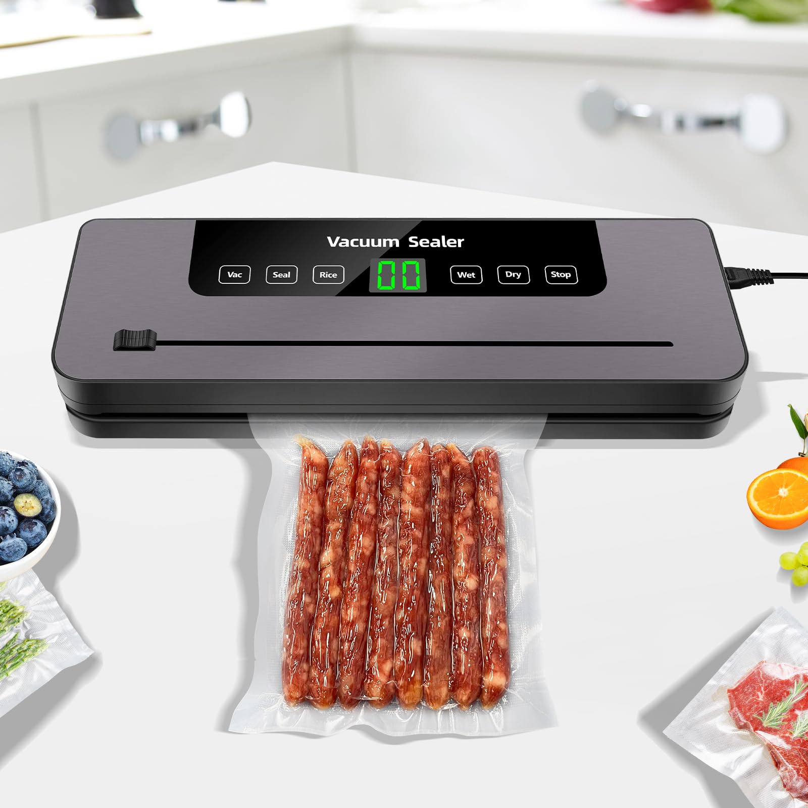 Máquina de envasado al vacío, 300 W, 60 kPa, sellador de alimentos, multifunción, manejo con una mano, almacenamiento de alimentos con cortador integrado