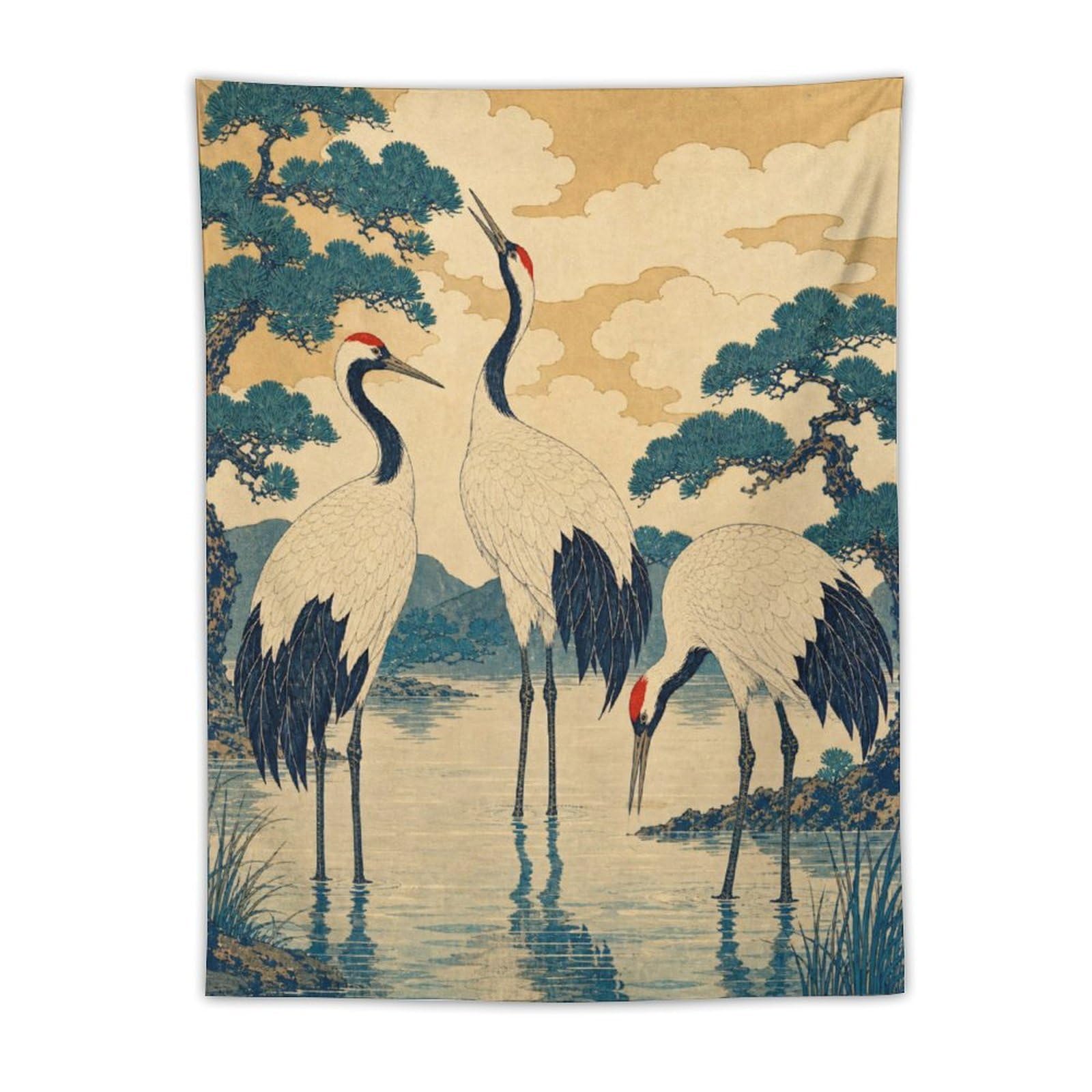 H3B8U2Y5 Cranes in Water Wall Tapestry, Ukiyo-e Style, Pine Trees
