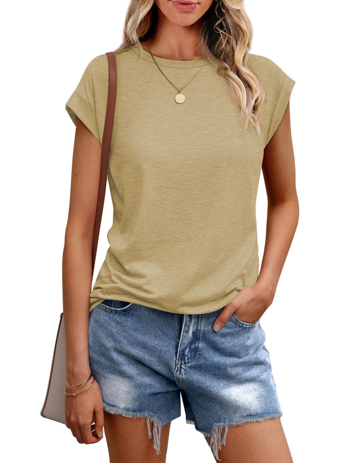 Cuptacc Tshirt Damen Tops Sommer Rundhals Oberteile Elegant Basic Bluse Kurzarm Damen Business Tunika Khaki 3XL 56-58