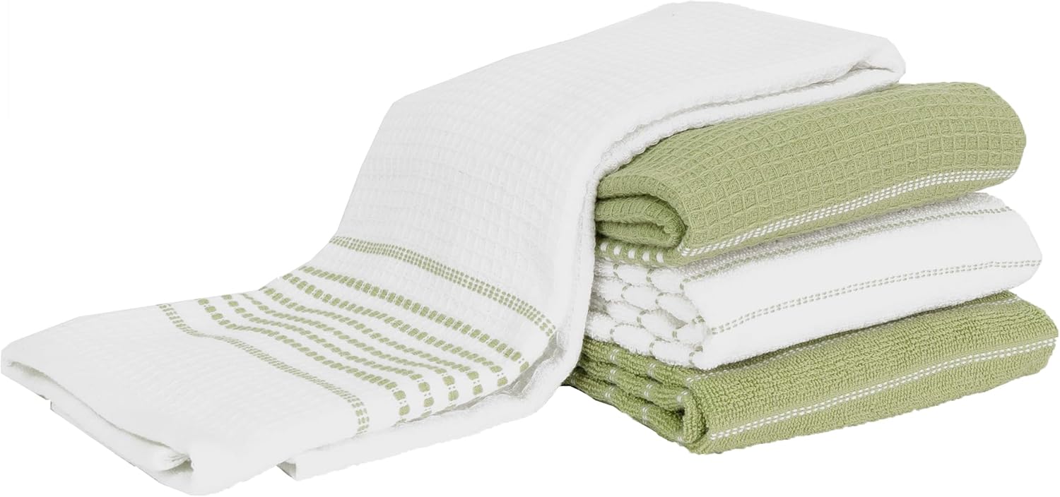 All-Clad Premium Skipping Stripe & Wave Towels: Highly Absorbent, Super Soft Long Lasting 100% Cotton, 17"x28" Kitchen Towels for Cleaning & Drying Dishes, Pans, Glassware, 4-Pack, Fennel