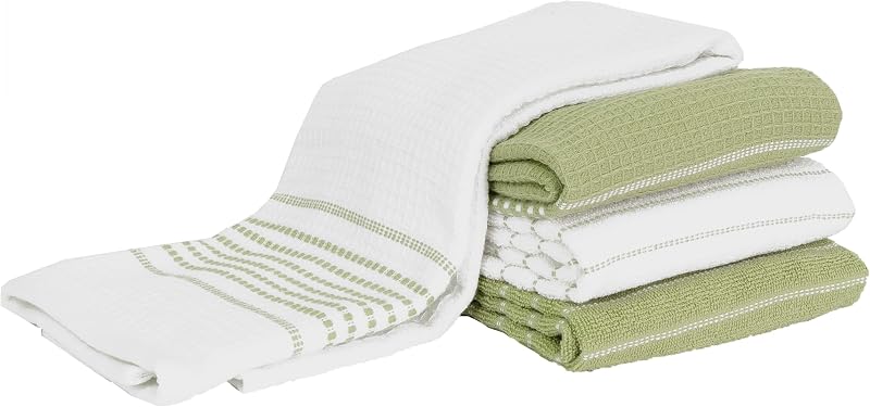 Premium Skipping Stripe & Wave Towels: Highly Absorbent, Super Soft Long Lasting 100% Cotton, 17"x28" Kitchen Towels for Cleaning & Drying Dishes, Pans, Glassware, 4-Pack, Fennel
