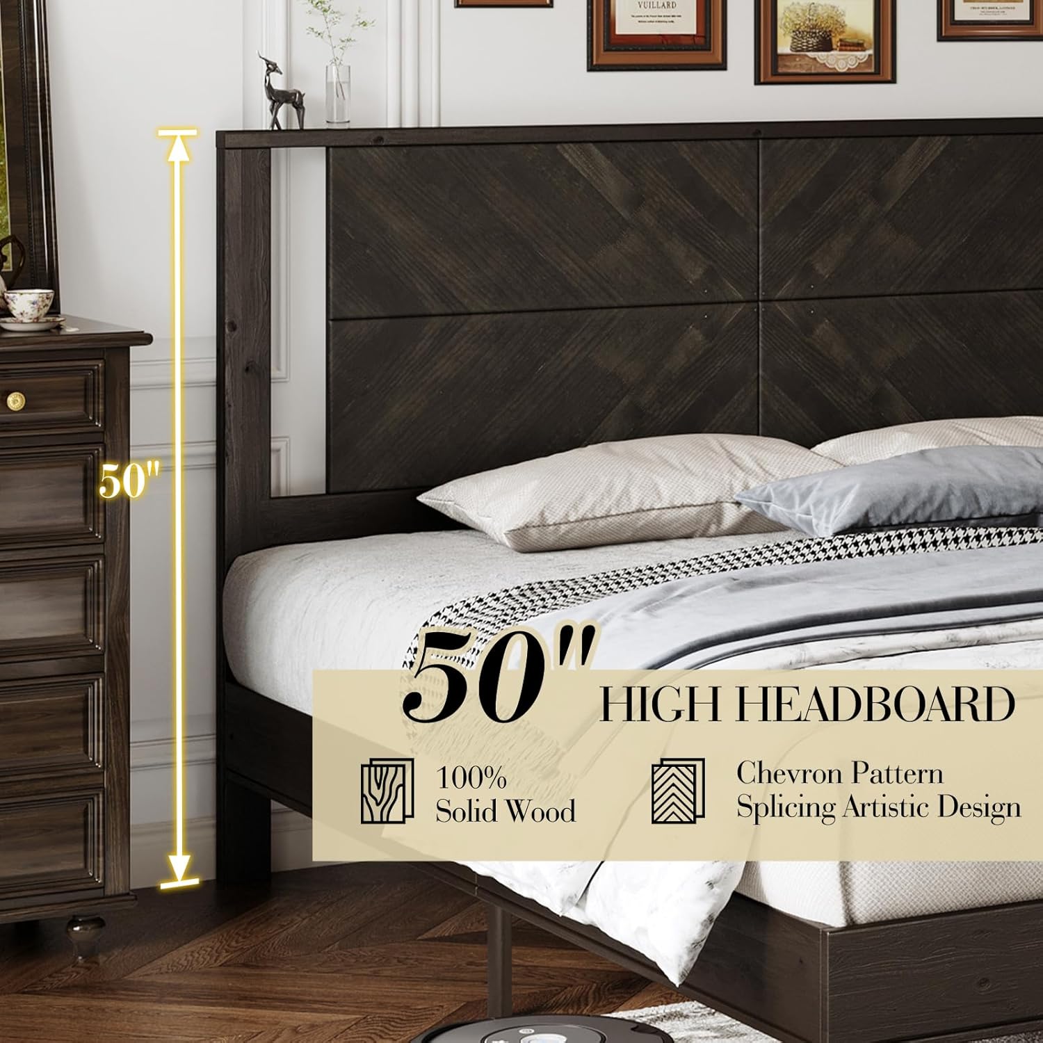 Queen Solid Wood Bed Frame with Unique Pattern Headboard, Minimalism Style Platform Bed with Wood Slats Support, No Box Spring Needed, Easy Assembly, Black Brown