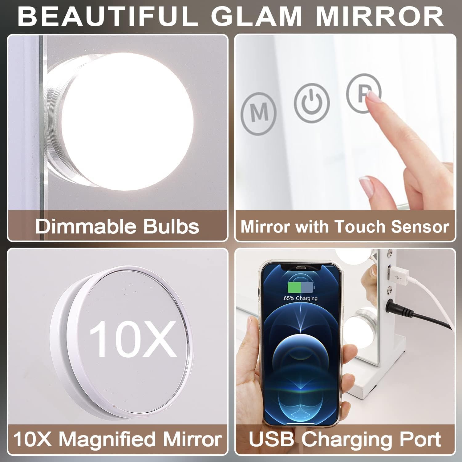 Kottova Vanity Mirror with Lights, 24.4"x21.2" Lighted Makeup Mirror with 3 Dimmable Color Modes,17 LED Hollywood Mirror with Touch Control, USB Charging Port, Tabletop & Wall-Mounted (White)