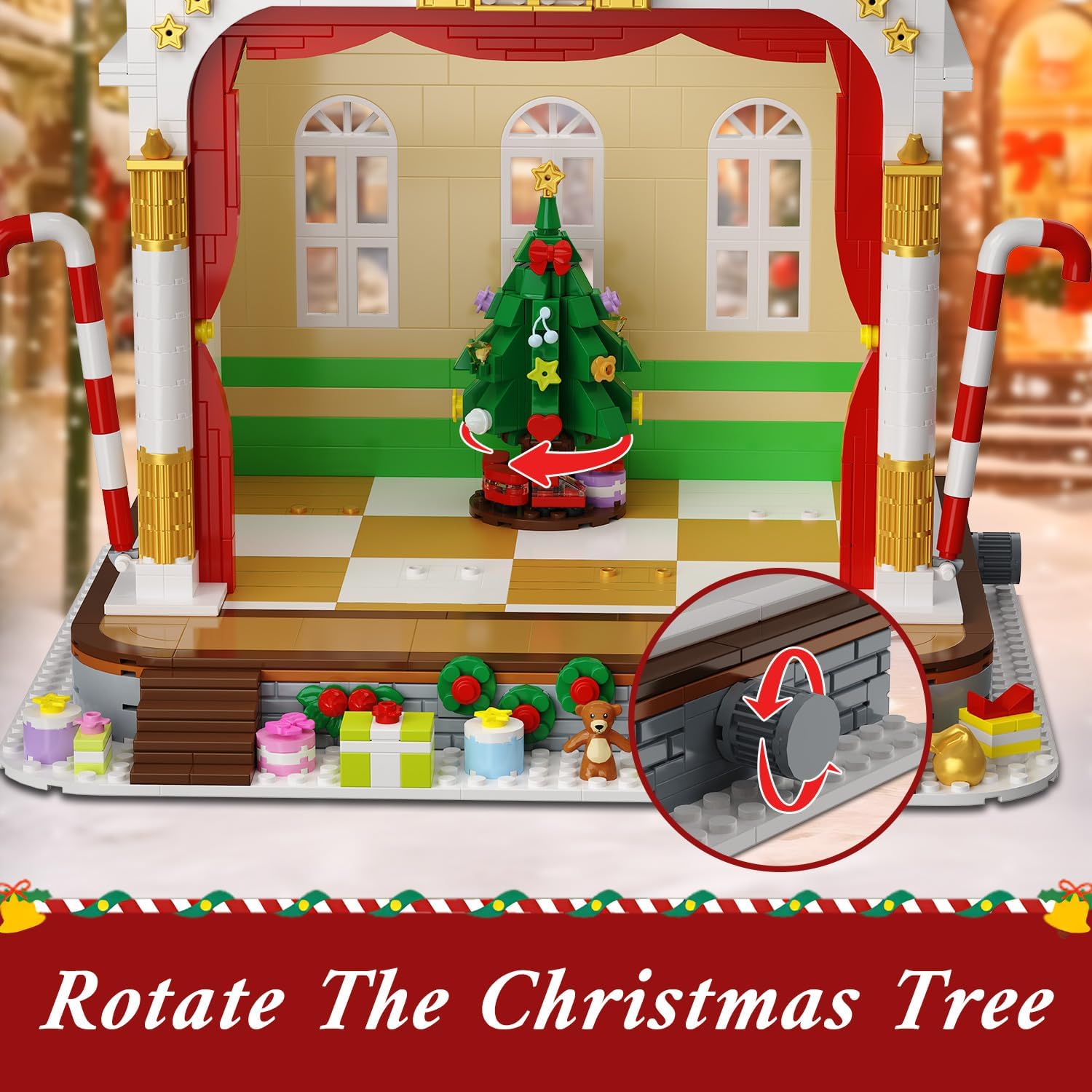 Close-up of the Nutcracker theater stage showing a rotating Christmas tree mechanism at the back.