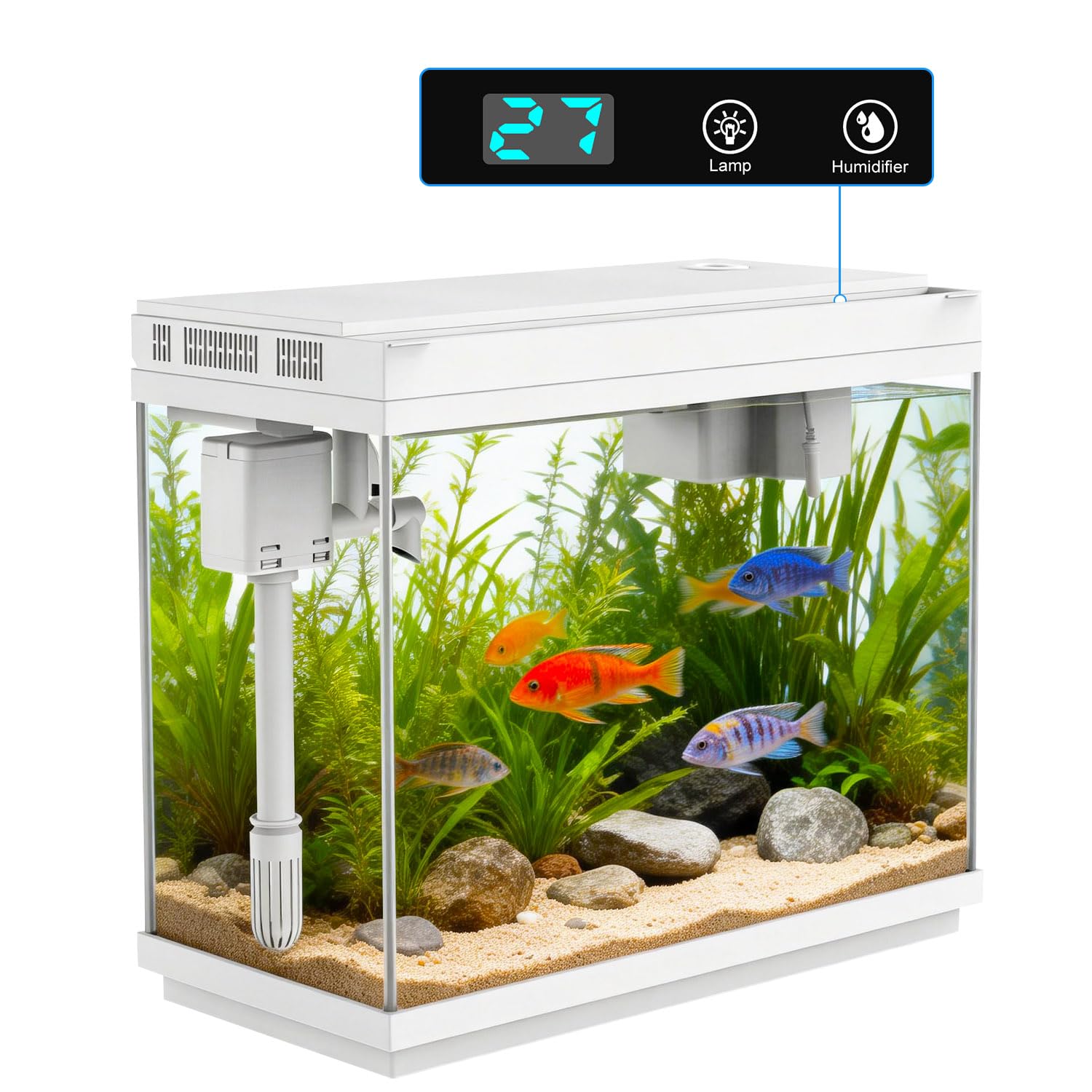 Aquarium intelligent avec pompe à eau silencieuse, petit aquarium de 8 litres avec kit de démarrage rapide, affichage de la température, humidificateur et lumières RVB, parfait pour la maison, le